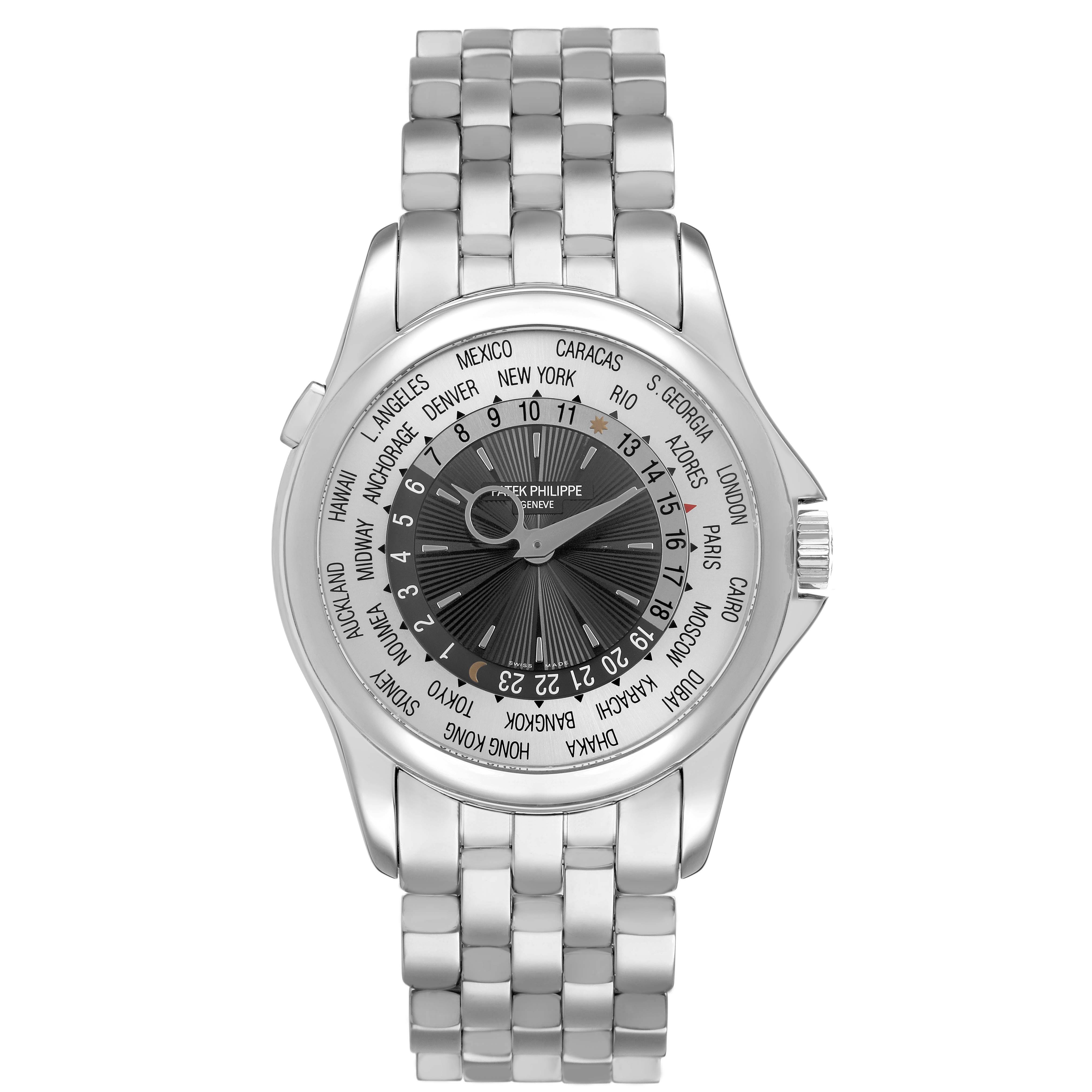 The watch is shown from a top-down angle, featuring the face, bezel, and the bracelet of the Patek Philippe Complications 5130/1G-010 Mens White Gold Black Dial model.