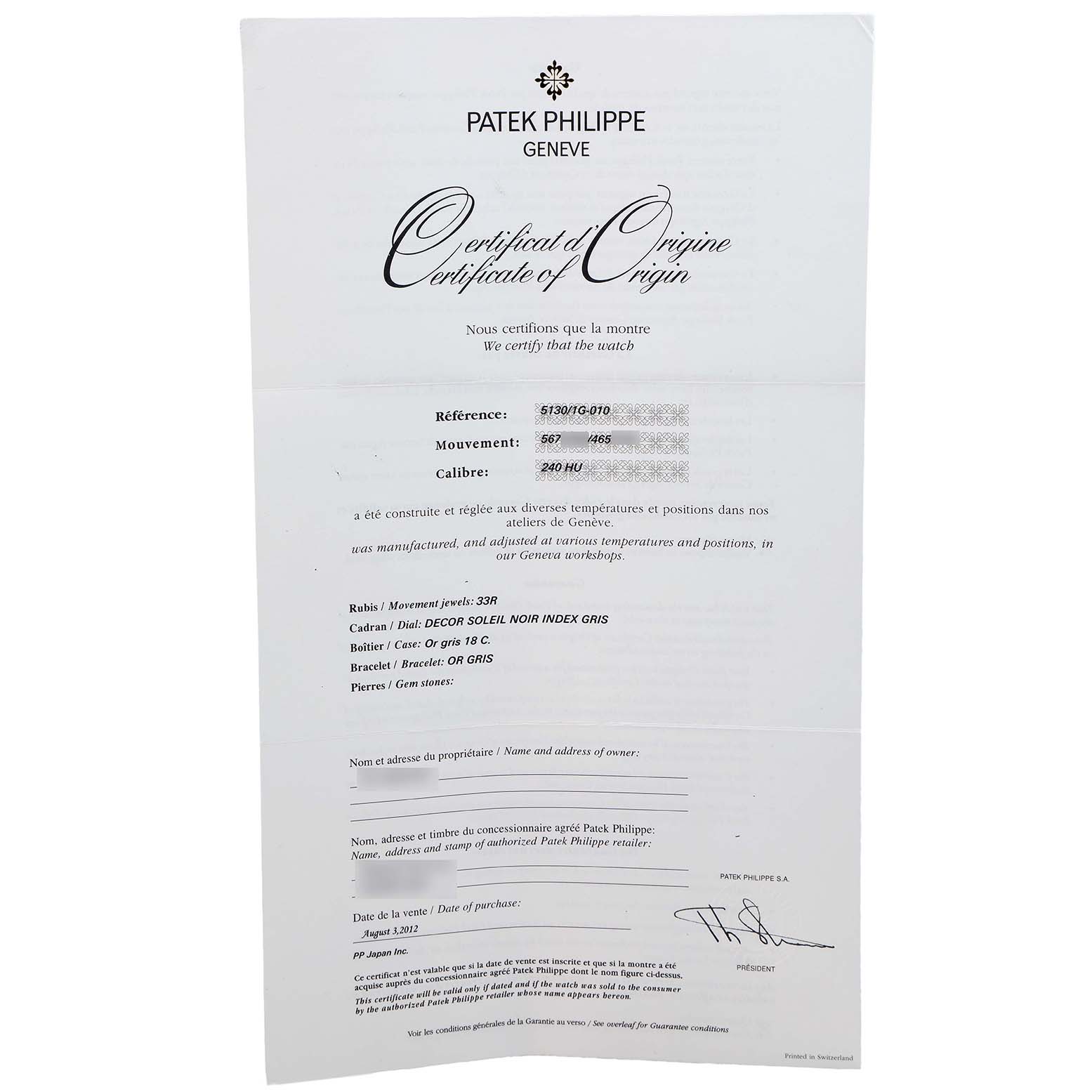 The image shows a "Certificate of Origin" for a Patek Philippe Complications 5130/1G-010 Men's White Gold Black Dial model, detailing specifications and authenticity.