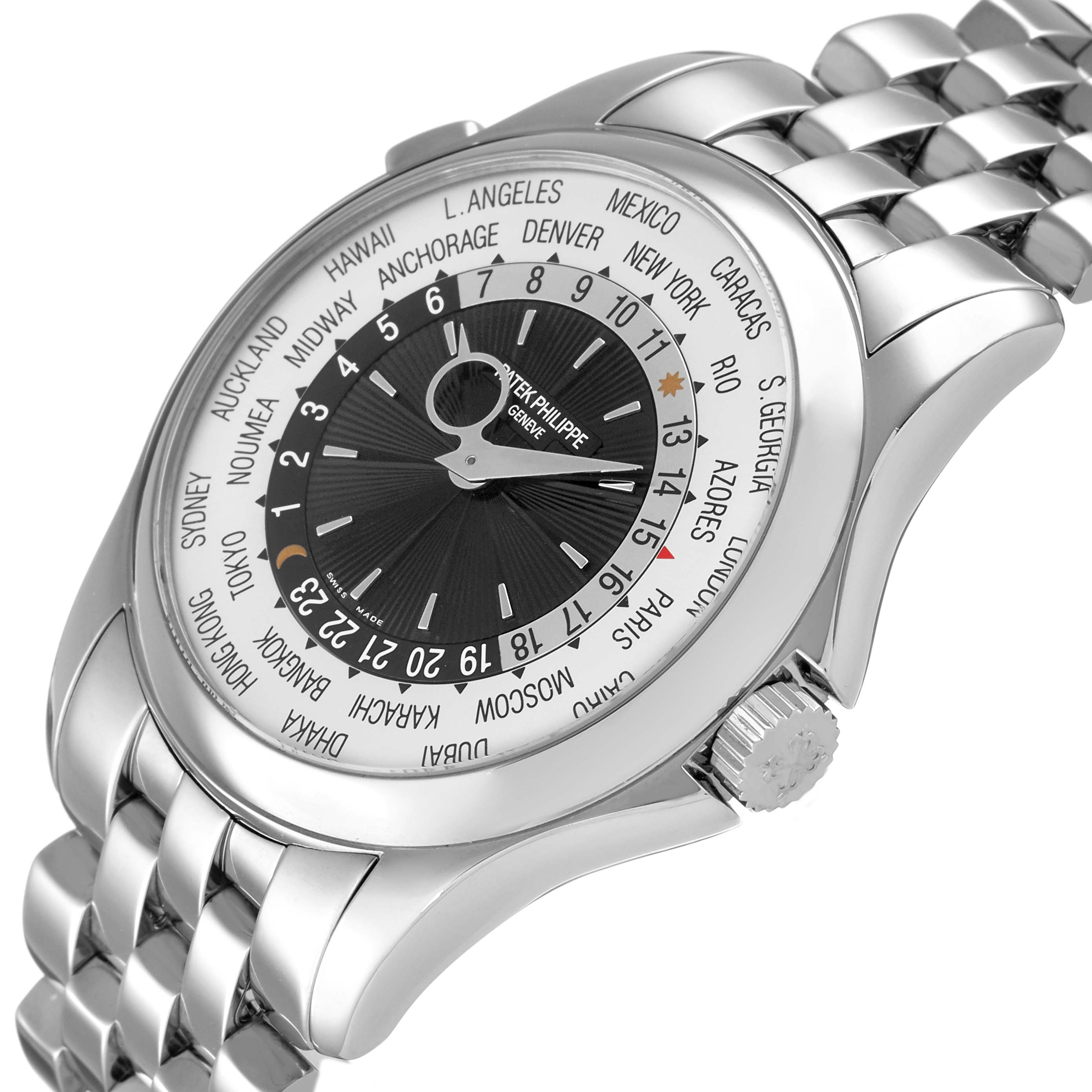 The Patek Philippe Complications 5130/1G-010 Men's White Gold Black Dial watch is shown at a three-quarter angle highlighting the dial, bezel, and bracelet.