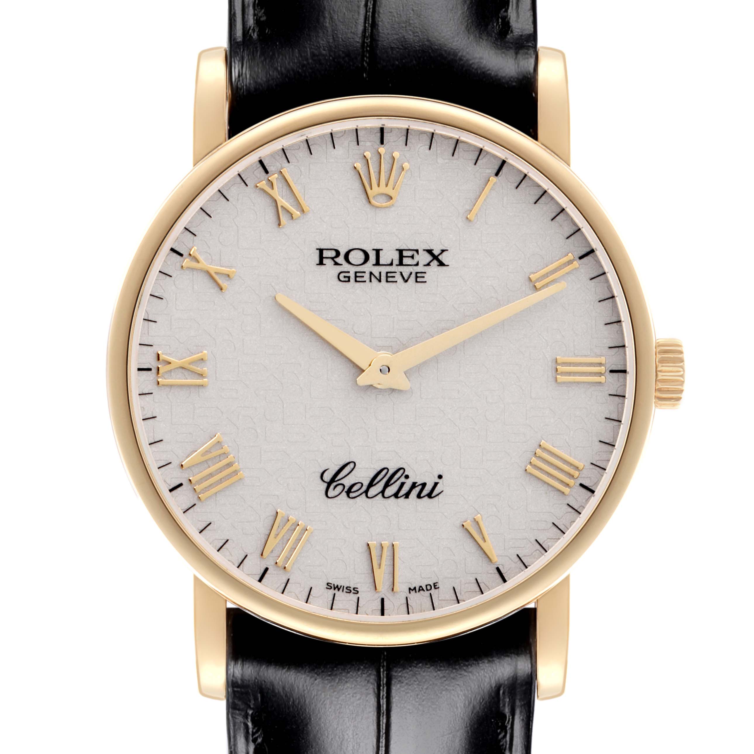 The Rolex Cellini 5115 Men's Yellow Gold Beige Dial 5115 Men's Yellow Gold Beige Dial watch is shown from a front angle, displaying the dial, gold hands, and black leather strap.