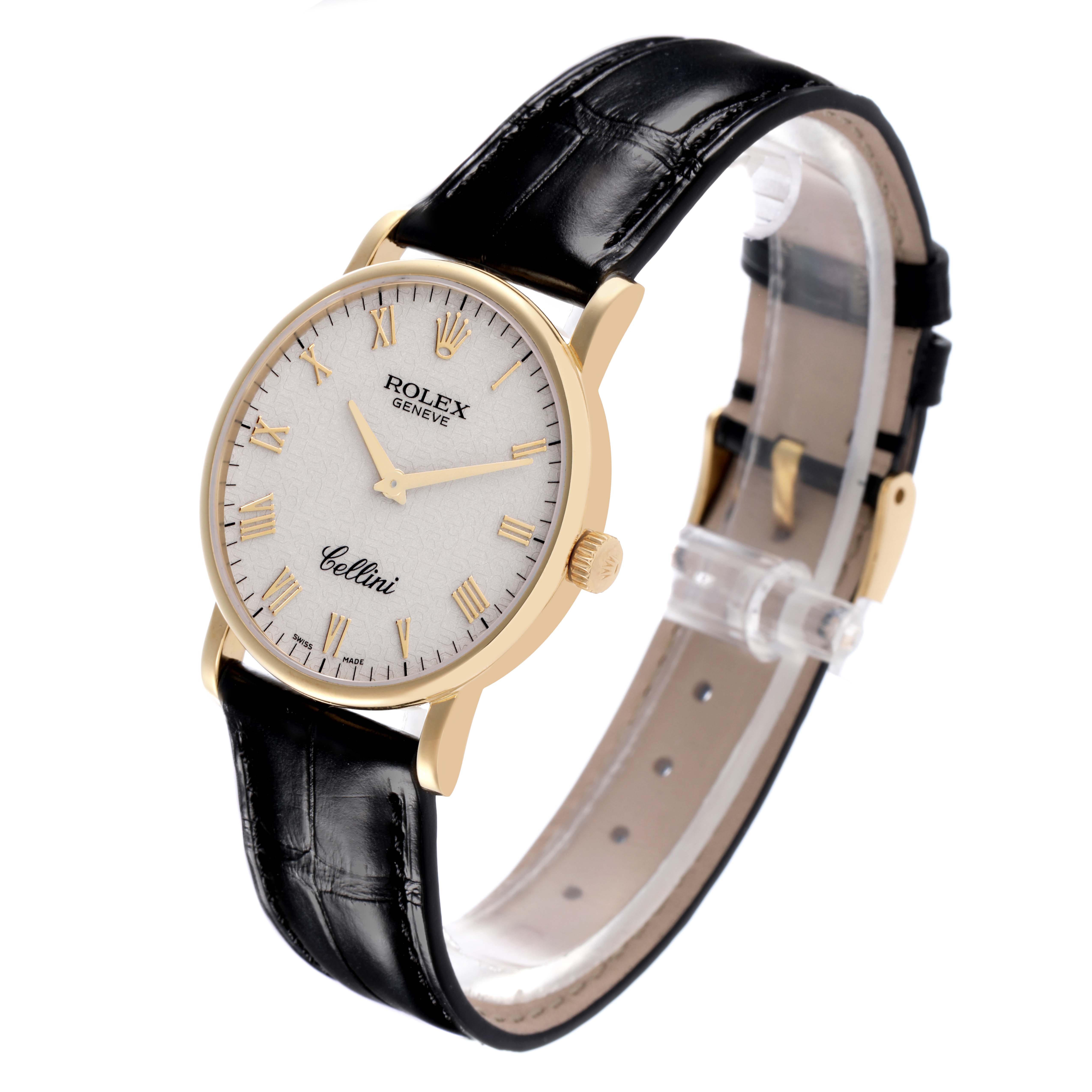 The Rolex Cellini 5115 Men's Yellow Gold Beige Dial 5115 Men's Yellow Gold Beige Dial watch is shown at an angled view, displaying the face, crown, lugs, and leather strap.