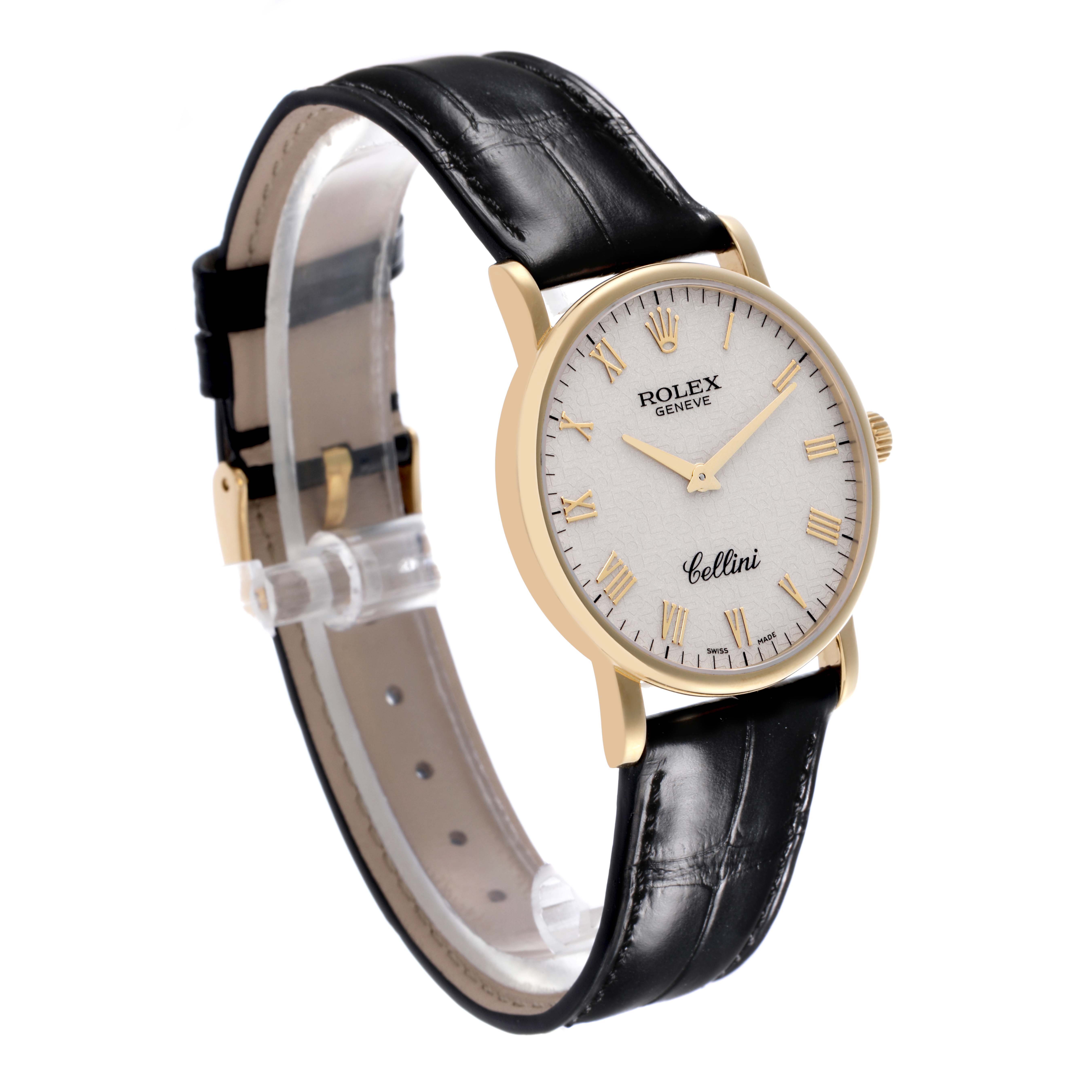 The Rolex Cellini 5115 Men's Yellow Gold Beige Dial 5115 Men's Yellow Gold Beige Dial watch is shown at a three-quarter angle, displaying its dial, case, and leather strap.