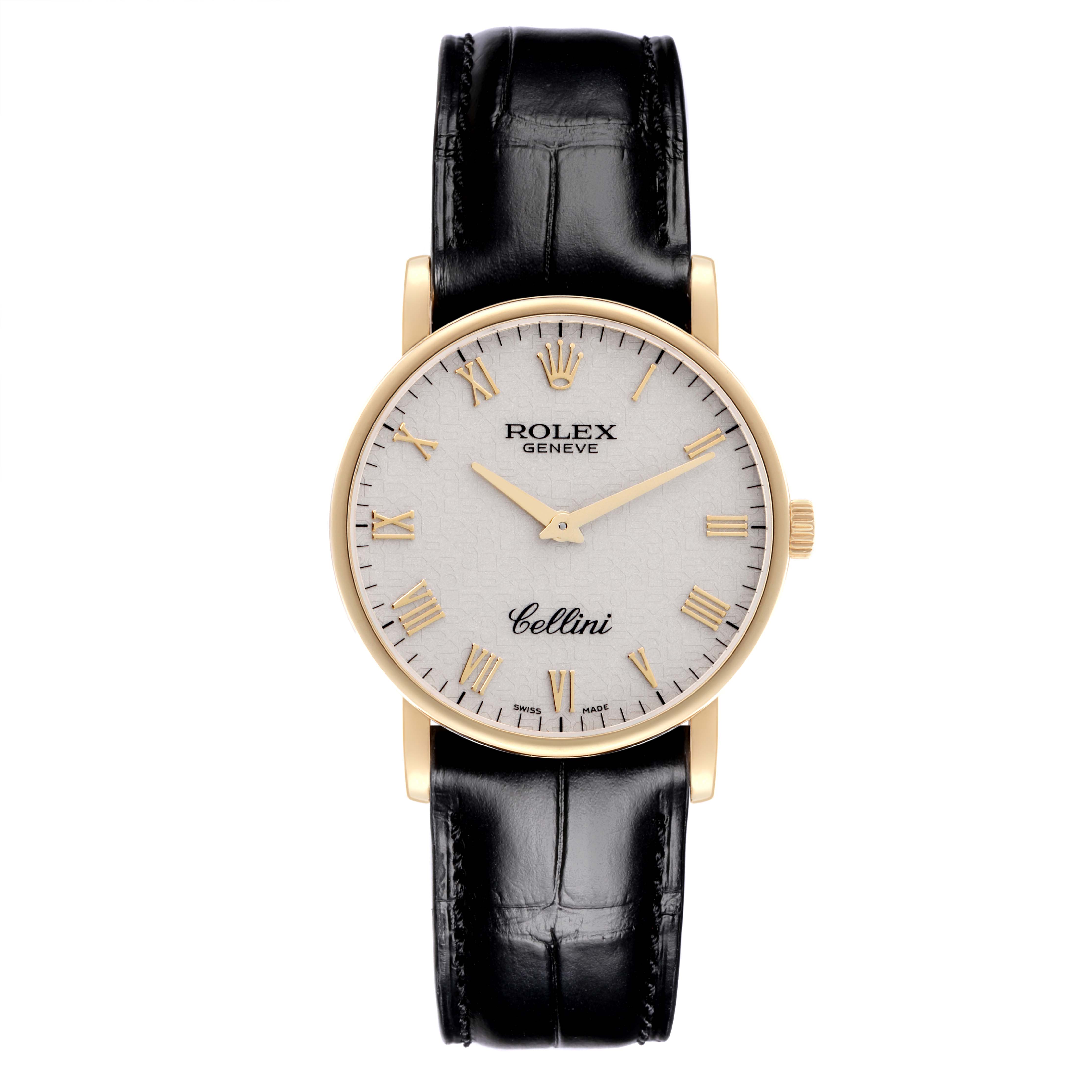 The Rolex Cellini 5115 Men's Yellow Gold Beige Dial 5115 Men's Yellow Gold Beige Dial watch is shown from a front view, featuring the dial, hands, case, and leather strap.