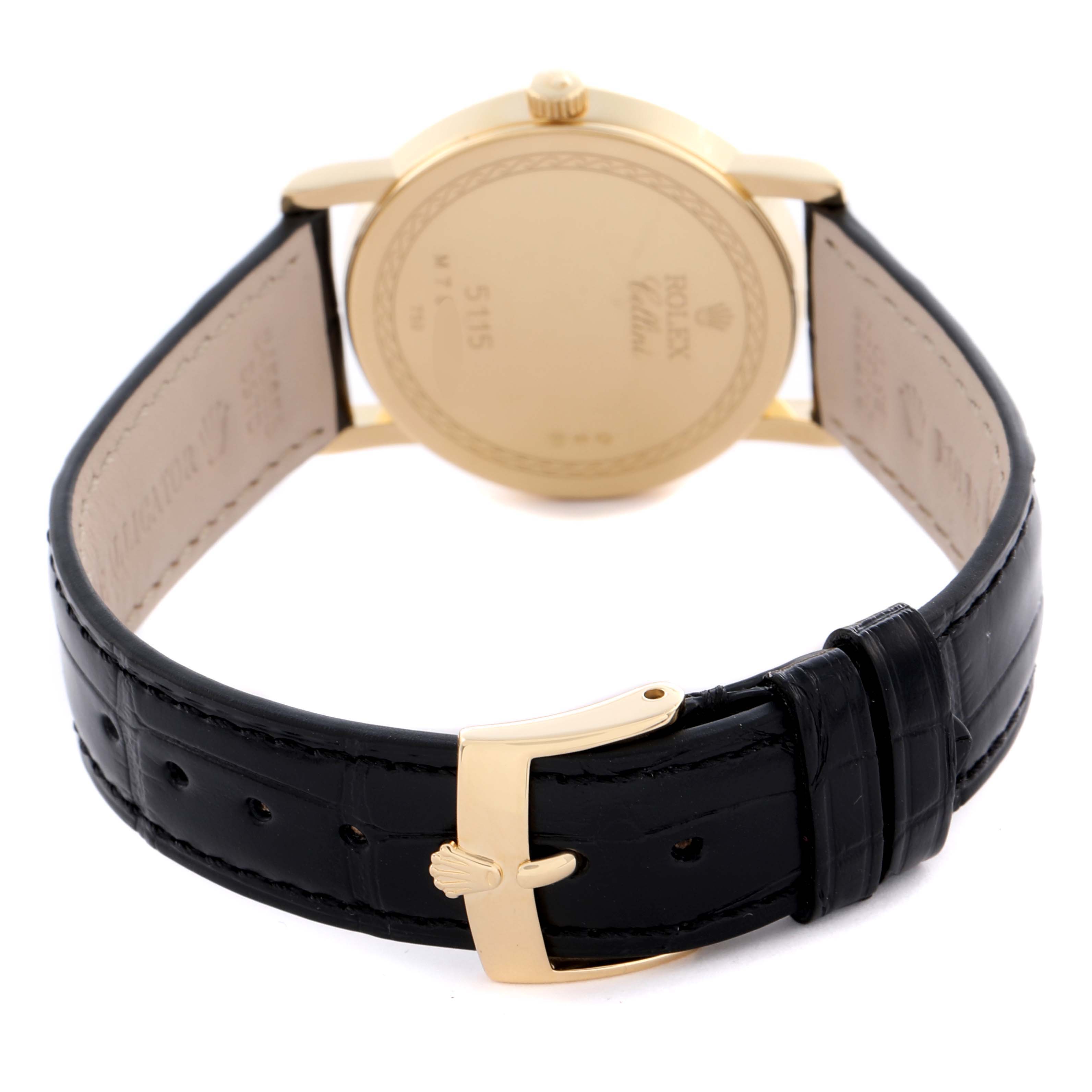 The image shows the back view of a Rolex Cellini 5115 Men's Yellow Gold Beige Dial 5115 Men's Yellow Gold Beige Dial watch, highlighting the case, strap, and buckle.