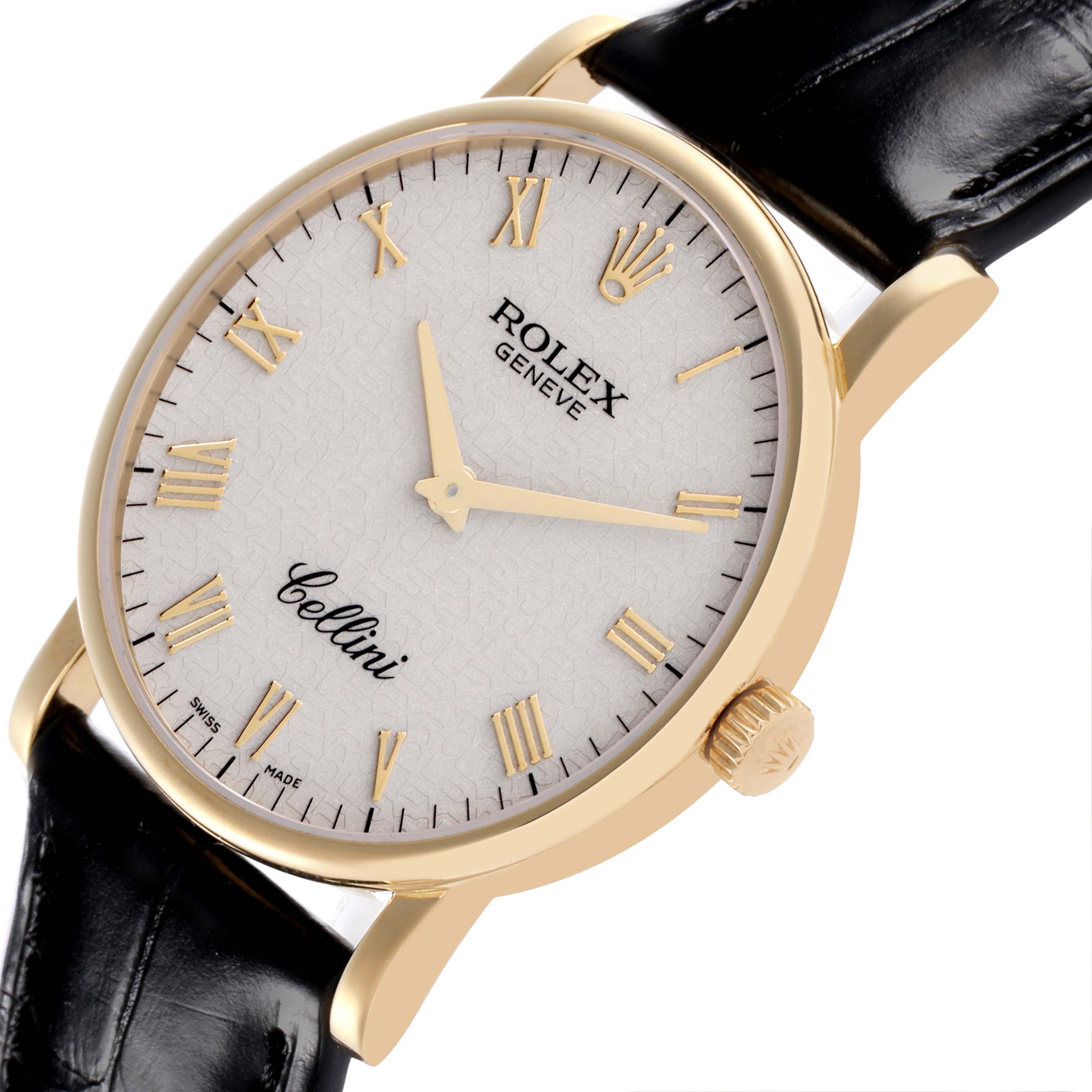 The Rolex Cellini 5115 Men's Yellow Gold Beige Dial 5115 Men's Yellow Gold Beige Dial watch is shown from a slightly tilted angle, displaying the face, gold Roman numerals, and black leather strap.