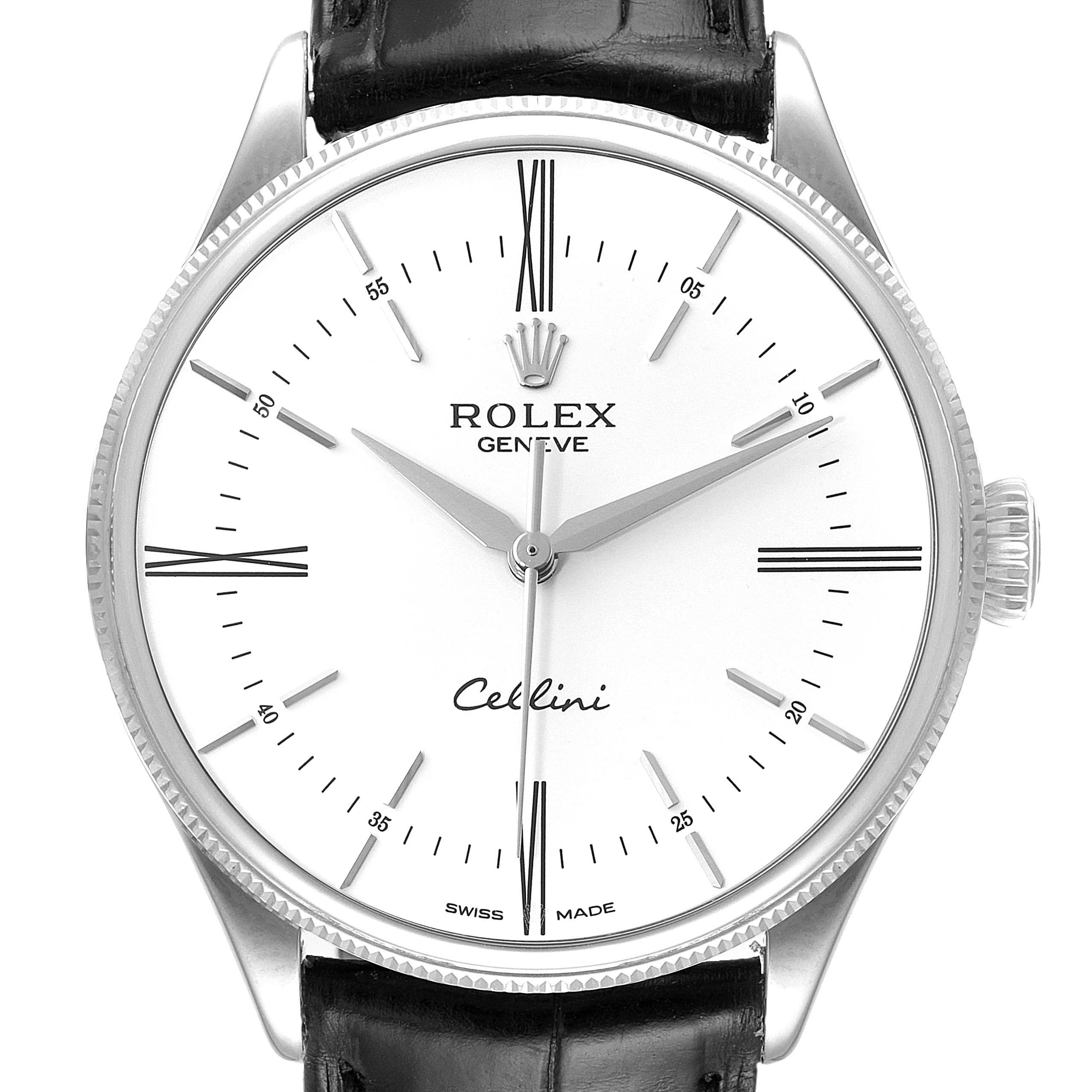 The image shows a front view of a Rolex Cellini 50509 Men's White Gold White Dial 50509 Men's White Gold White Dial watch's face and part of the leather strap.