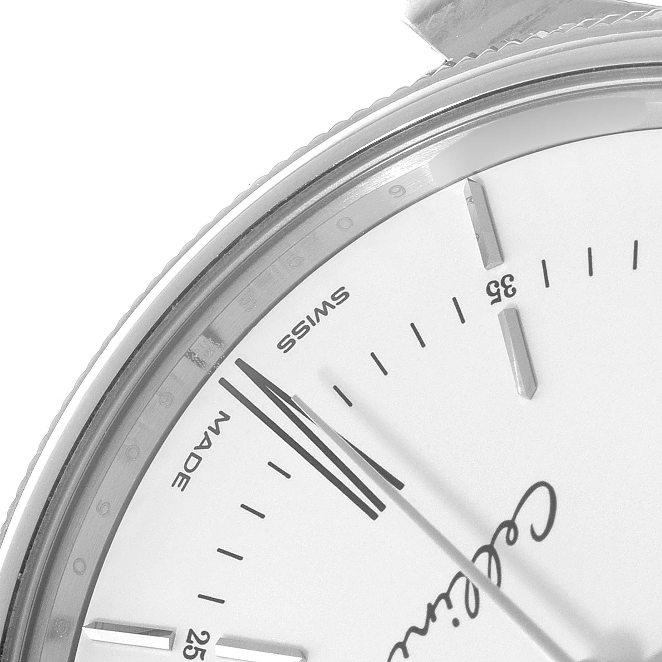 The image shows a close-up angle of the Rolex Cellini 50509 Men's White Gold White Dial 50509 Men's White Gold White Dial watch's dial, detailing the hands, minute markers, and part of the bezel.