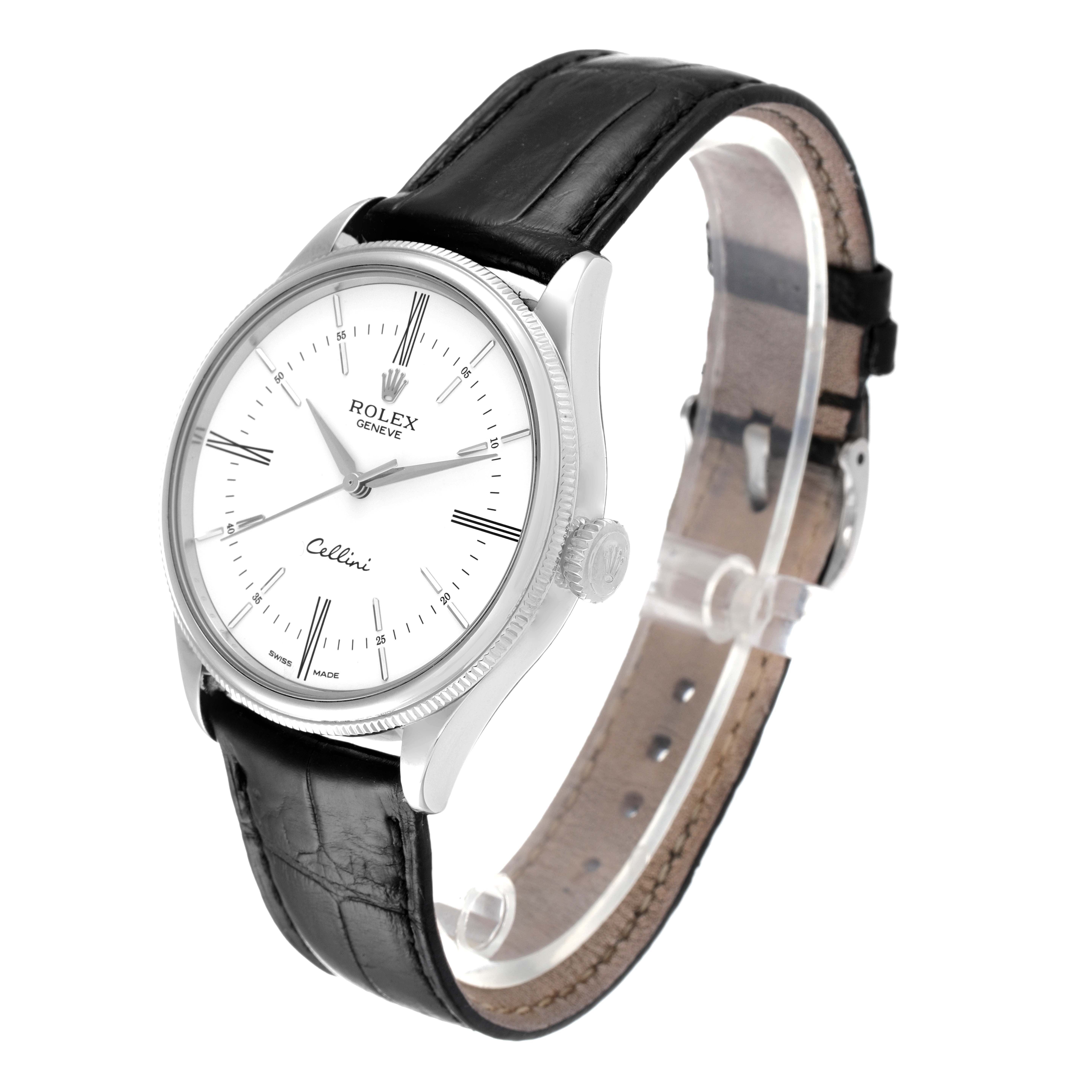 The image shows a Rolex Cellini 50509 Men's White Gold White Dial 50509 Men's White Gold White Dial watch at a three-quarter angle, highlighting the face, bezel, crown, and black leather strap.