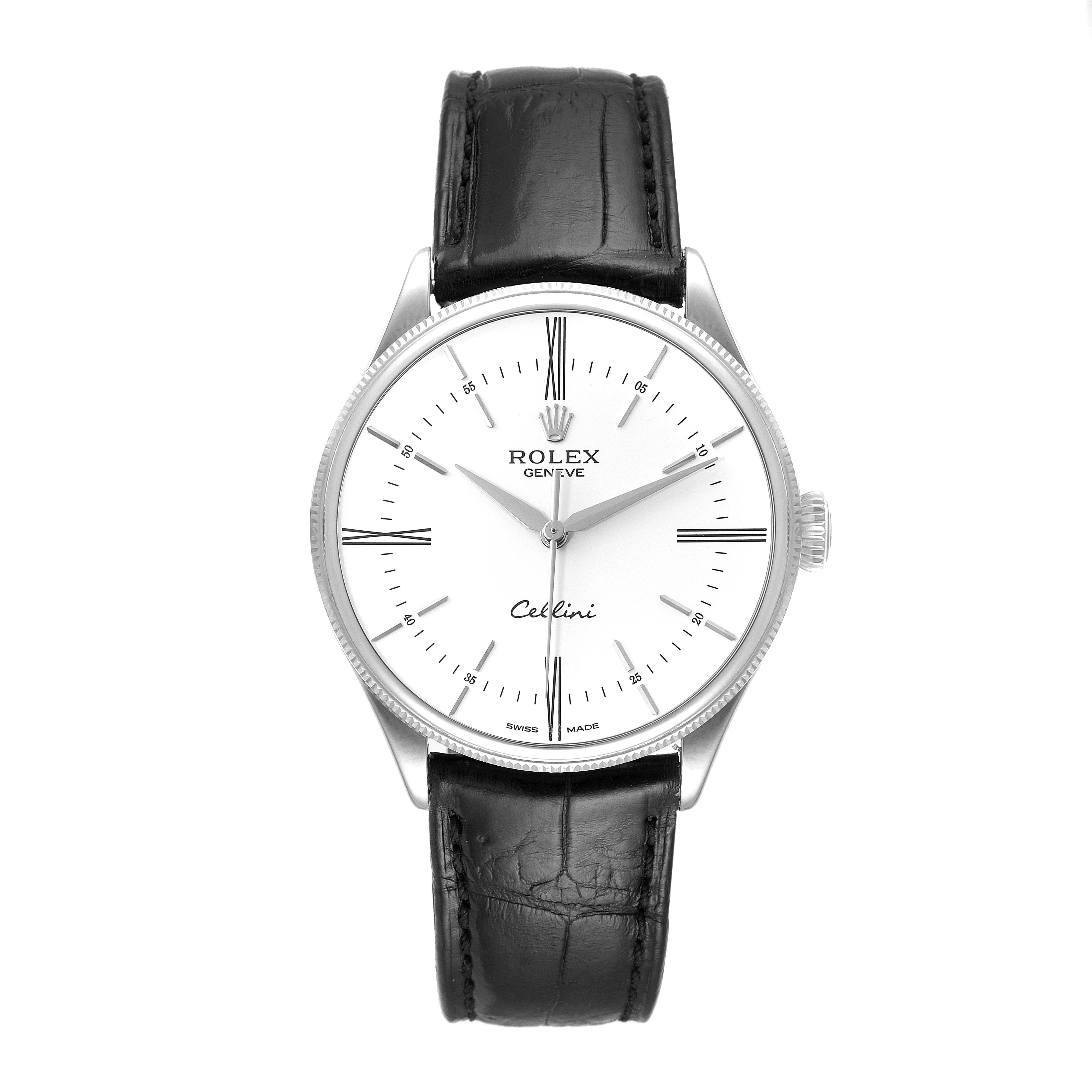 This image shows a front view of a Rolex Cellini 50509 Men's White Gold White Dial 50509 Men's White Gold White Dial model watch with a black leather strap and a white dial.