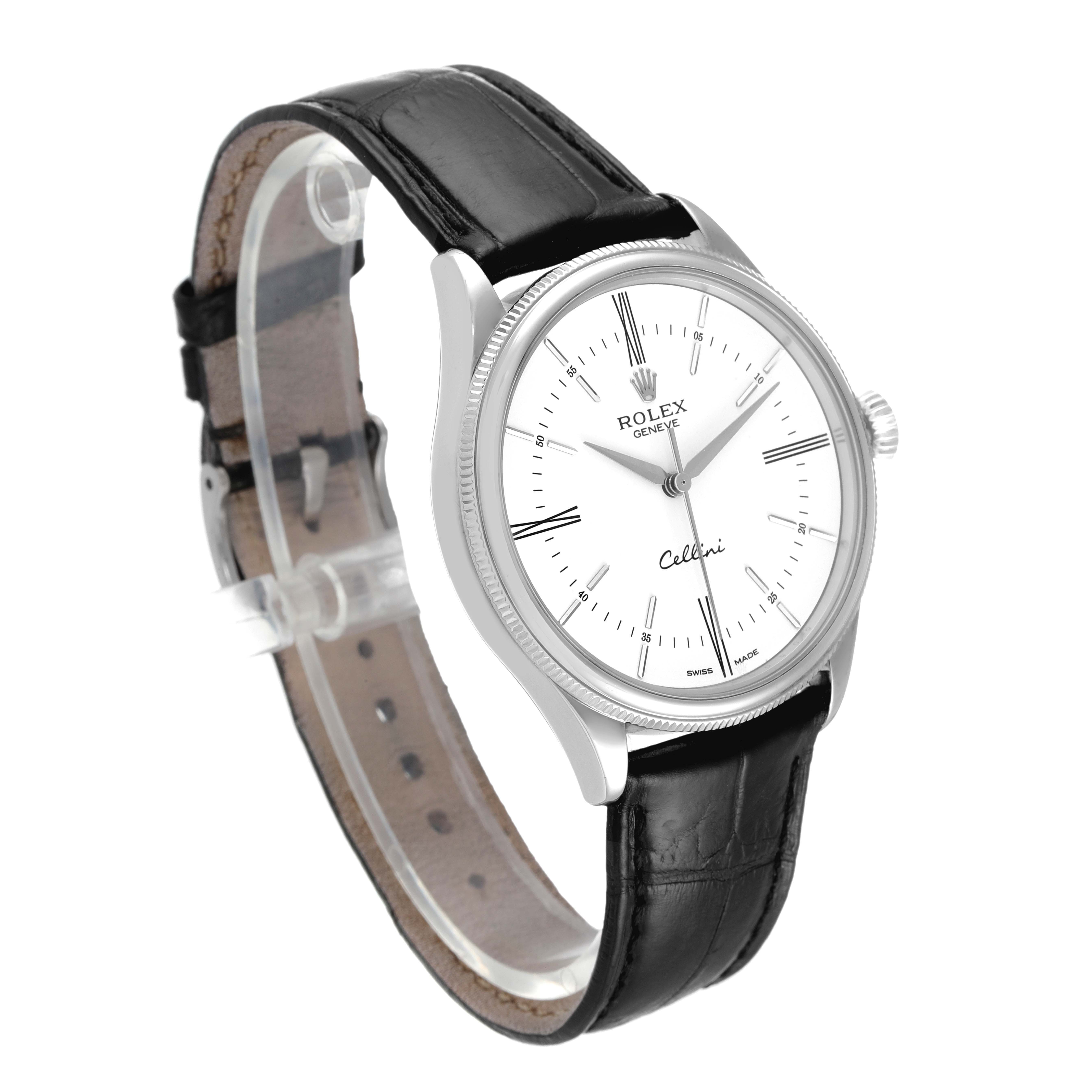 This image shows the Rolex Cellini 50509 Men's White Gold White Dial 50509 Men's White Gold White Dial watch from a three-quarter angle, highlighting the dial, case, and black leather strap.