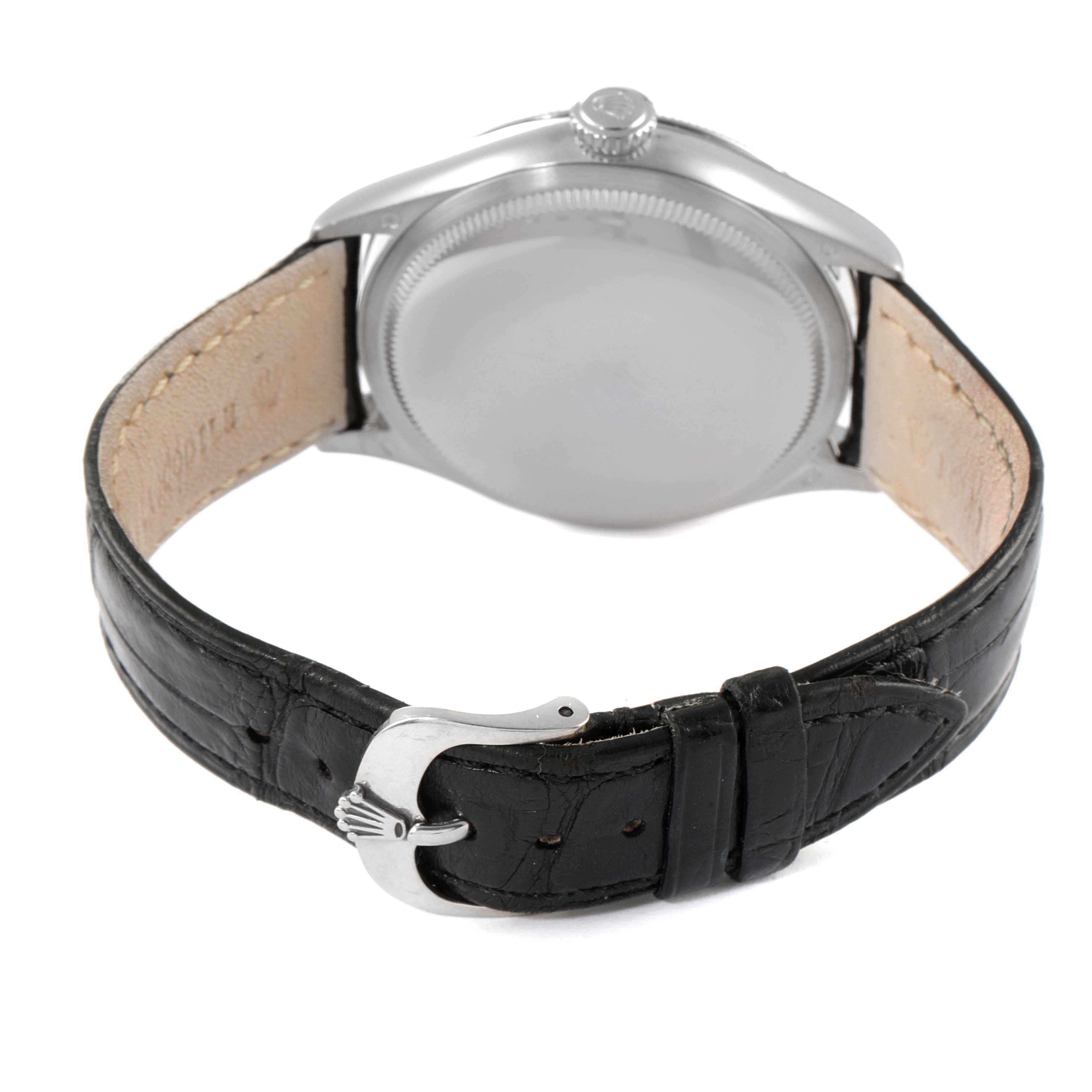 This image shows the back view of the Rolex Cellini 50509 Men's White Gold White Dial 50509 Men's White Gold White Dial watch, focusing on the case, leather strap, and buckle.