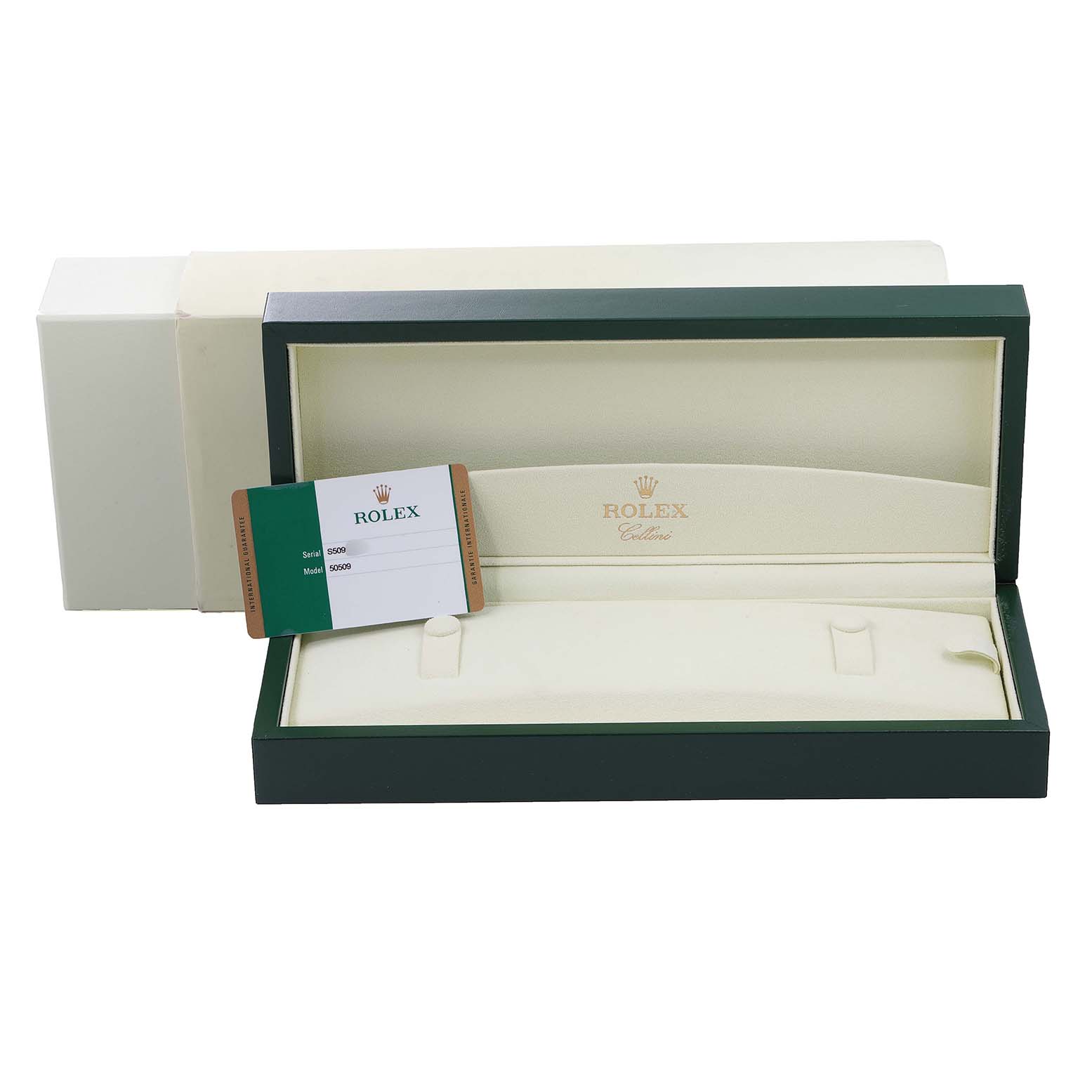 The image shows an empty Rolex Cellini 50509 Men's White Gold White Dial 50509 Men's White Gold White Dial watch box with an open lid and an authentication card.