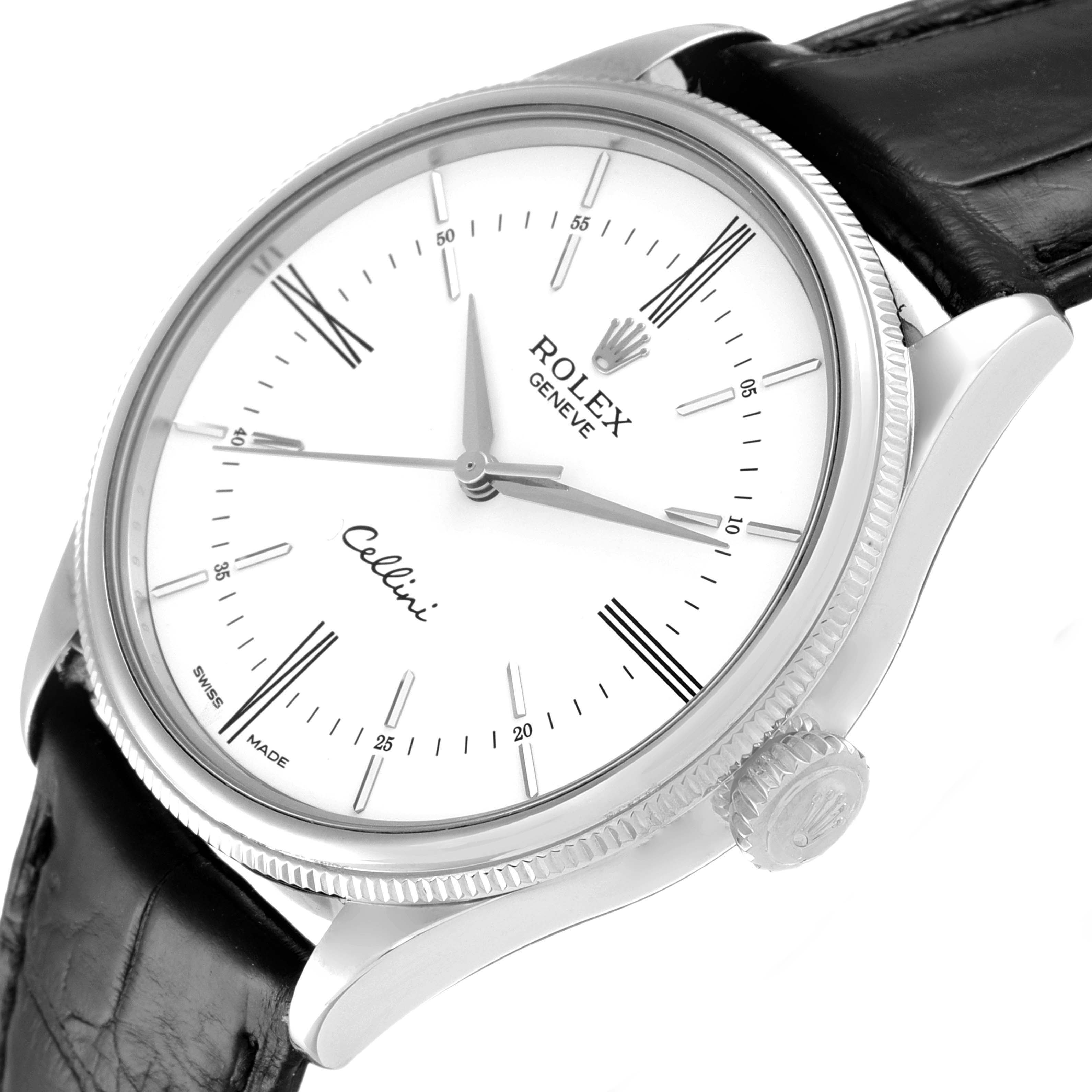 The image shows a Rolex Cellini 50509 Men's White Gold White Dial 50509 Men's White Gold White Dial watch at a slight angle, highlighting its white dial, black leather strap, and crown.