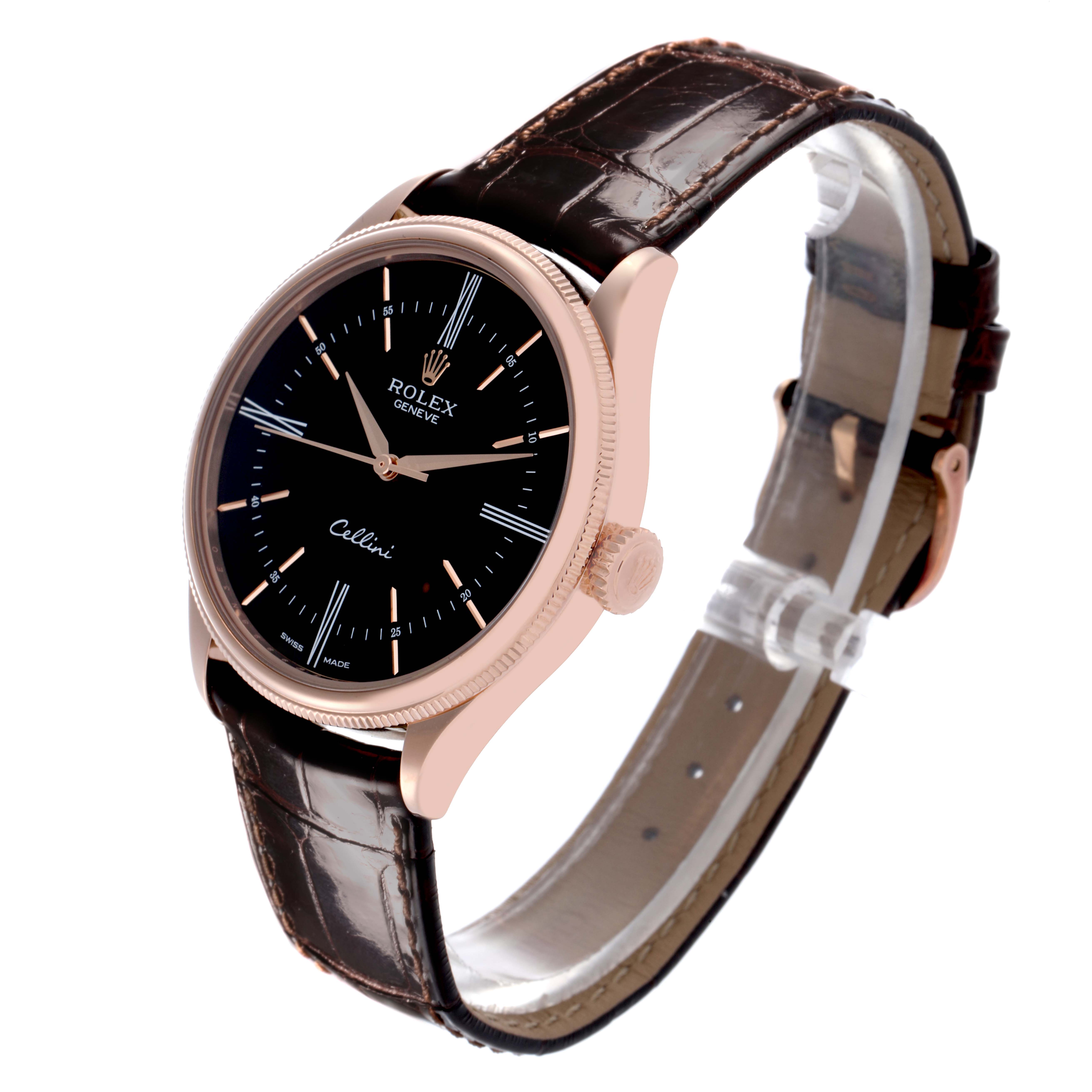 The Rolex Cellini 50505 Men's Rose Gold Black Dial 50505 Men's Rose Gold Black Dial watch is shown from a top-side angle, highlighting its black dial, rose gold case, and brown leather strap.