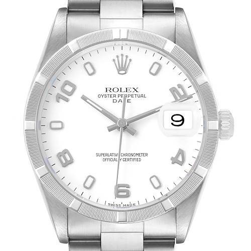 Photo of Rolex Date Steel White Dial Engine Turned Bezel Mens Watch 15210