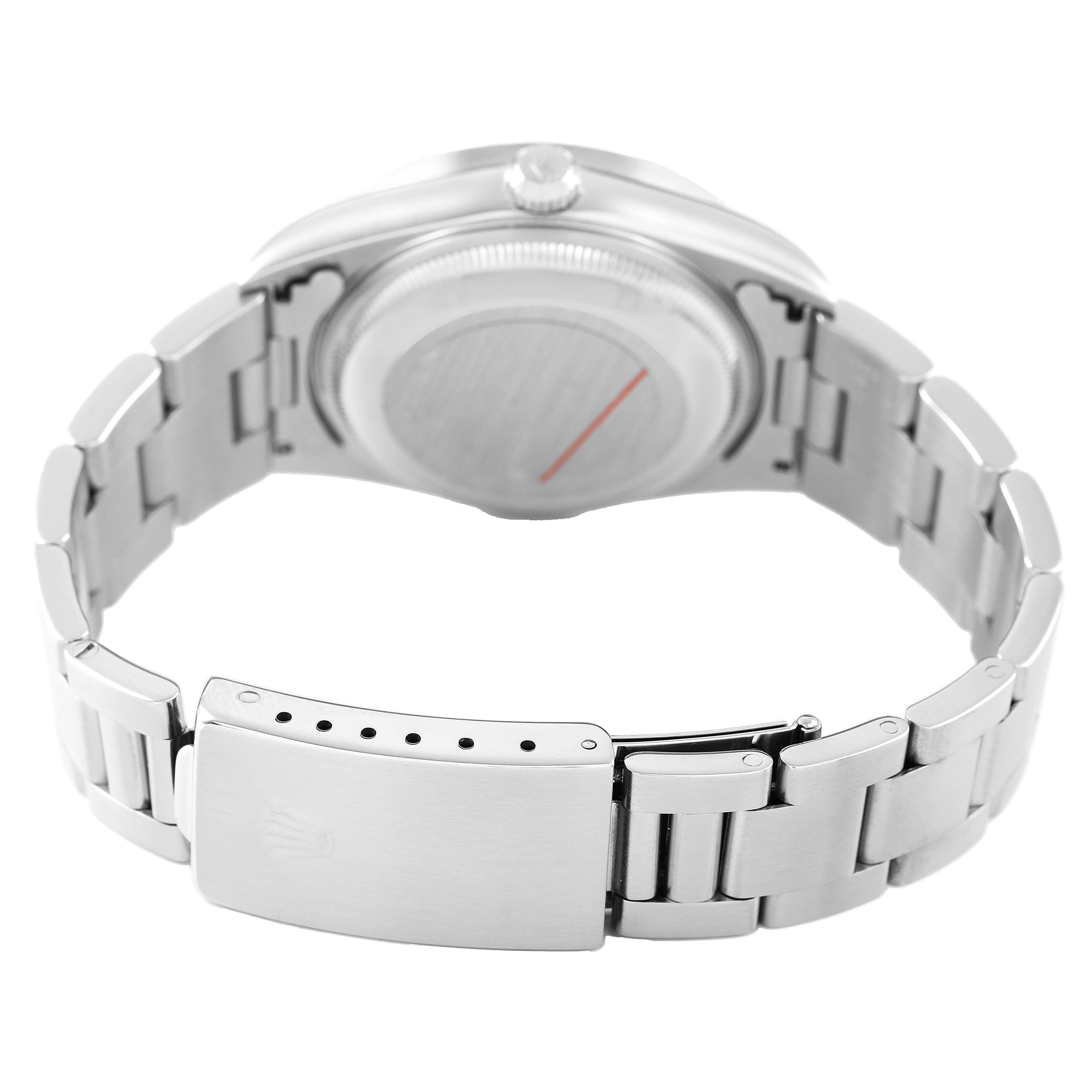 The image shows the case back and bracelet clasp of a Rolex Date 15210 Men's Stainless Steel White Dial model watch from a rear angle.