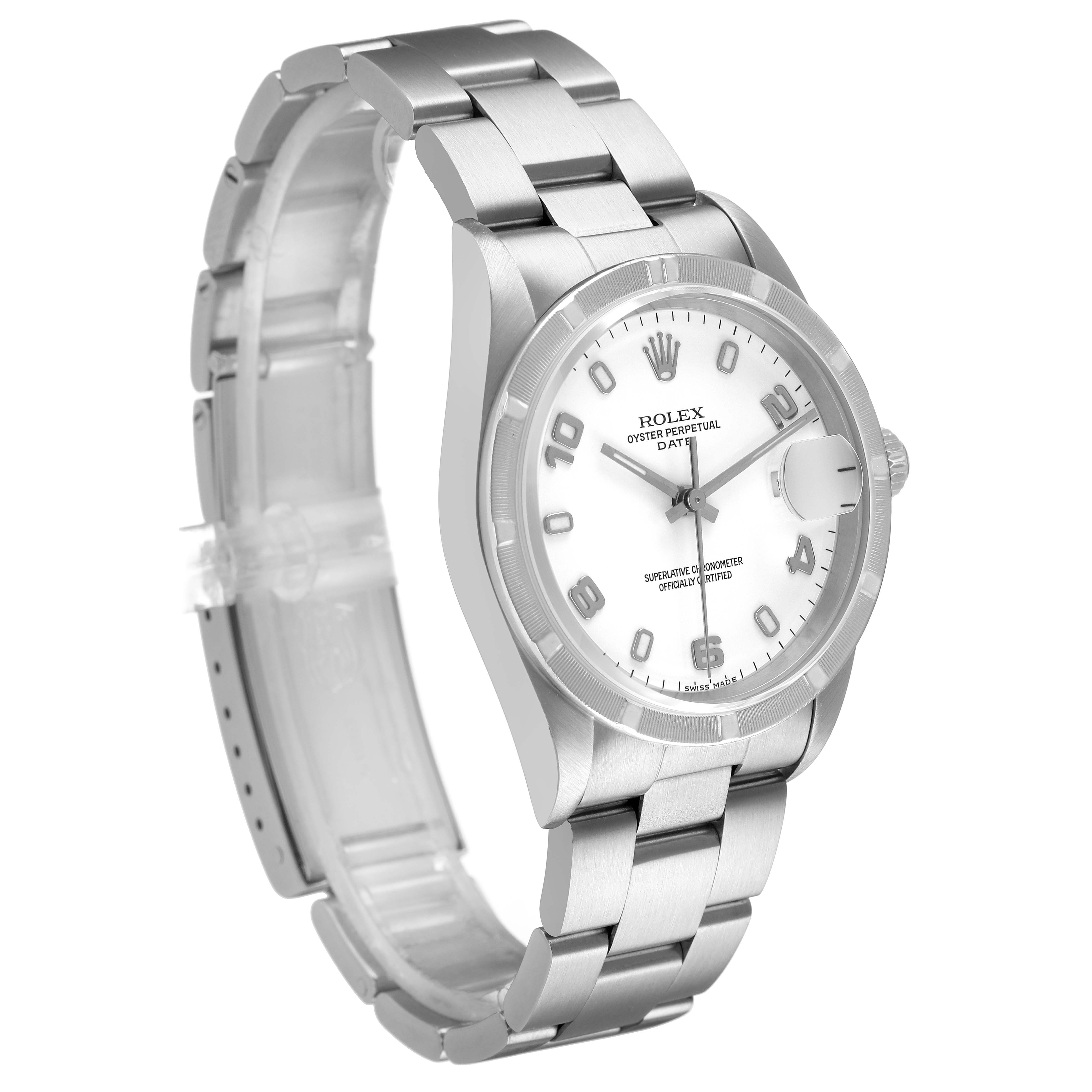 The Rolex Date 15210 Men's Stainless Steel White Dial watch is shown at a slight angle, highlighting the dial, bezel, crown, and bracelet.