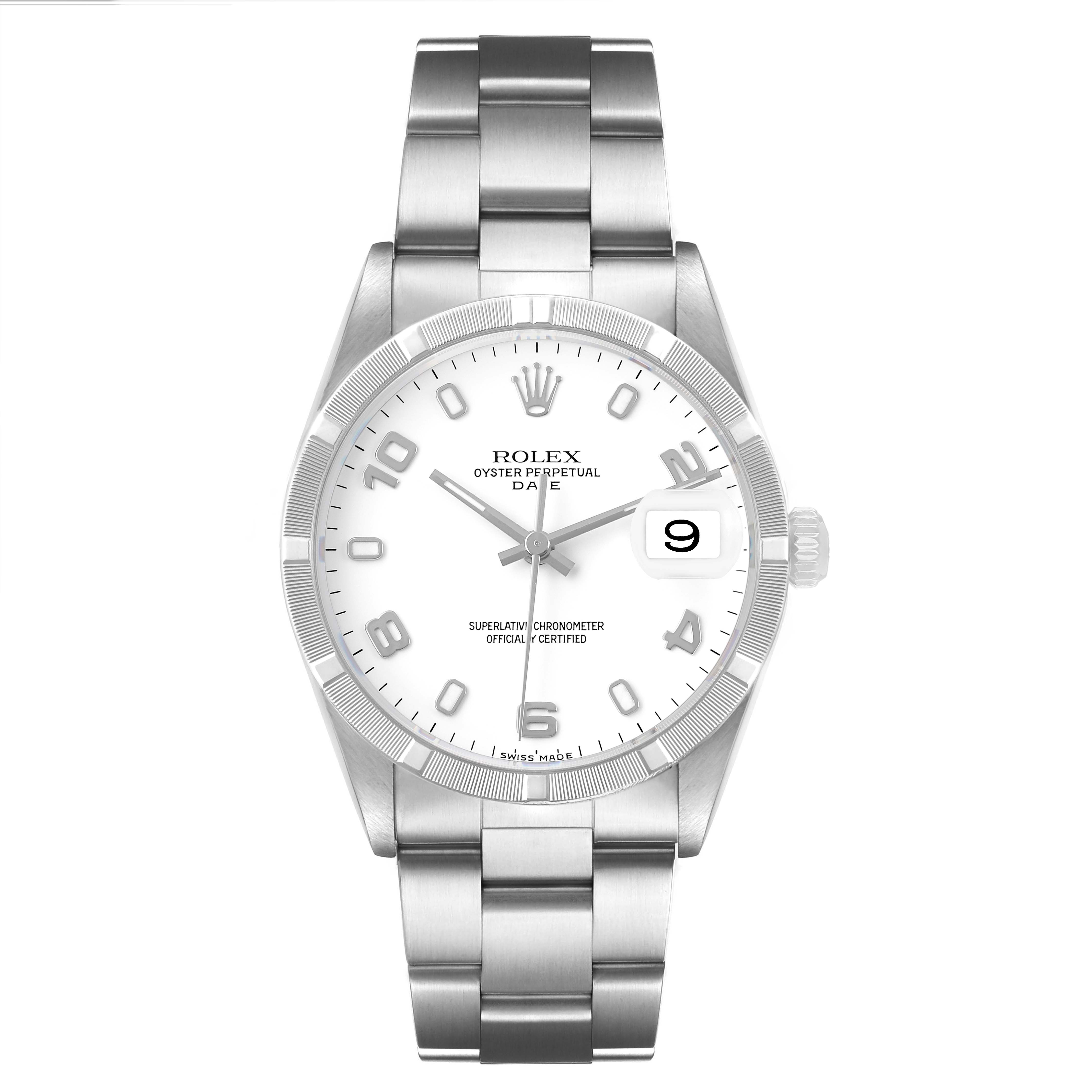 The Rolex Date 15210 Men's Stainless Steel White Dial model watch is shown from a front angle, highlighting its dial, hands, bezel, and bracelet.