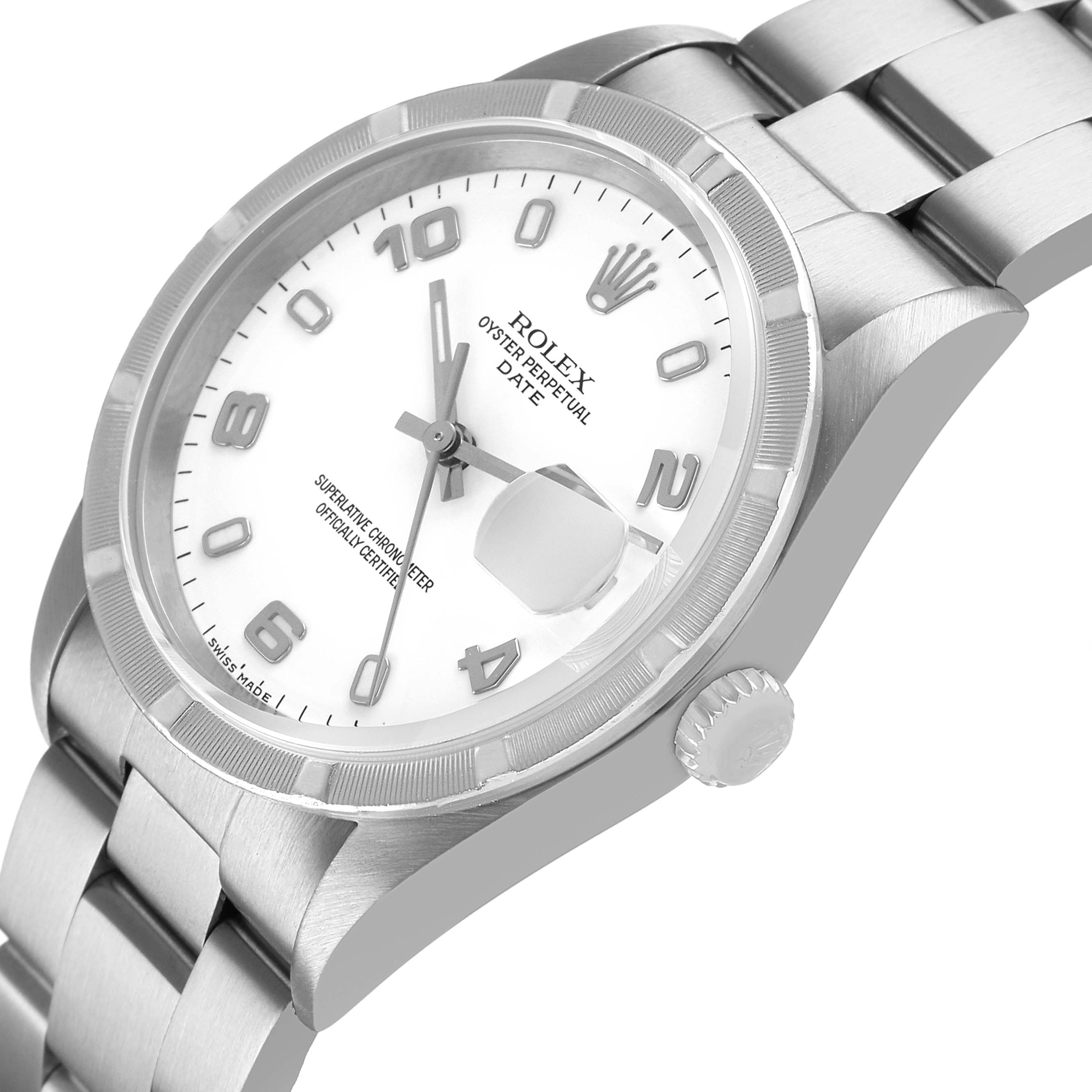 The Rolex Date 15210 Men's Stainless Steel White Dial model is shown from an angled side view, highlighting the bezel, dial, bracelet, and crown.
