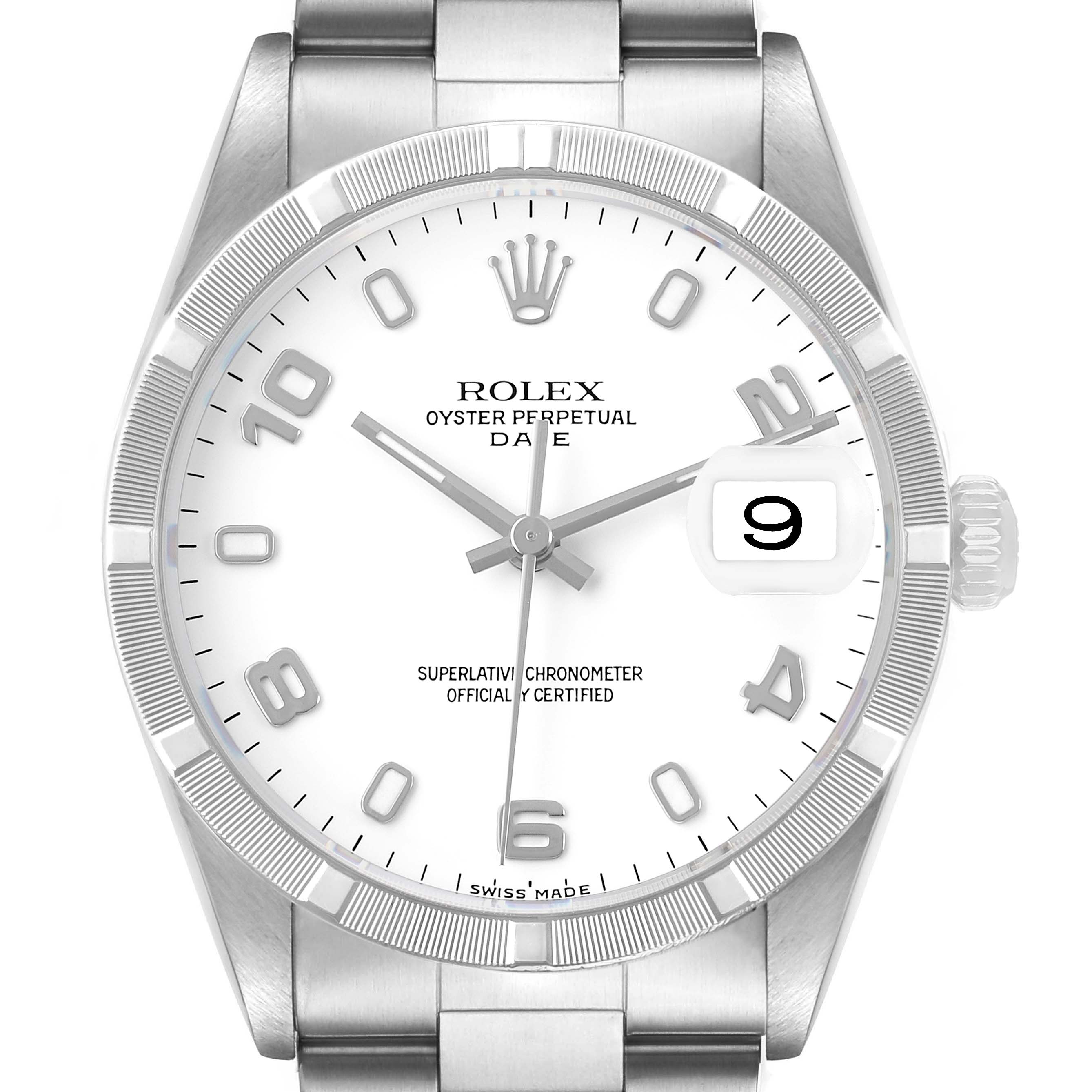 The image shows a front view of a Rolex Date 15210 Men's Stainless Steel White Dial model, displaying the dial, bezel, and part of the bracelet.