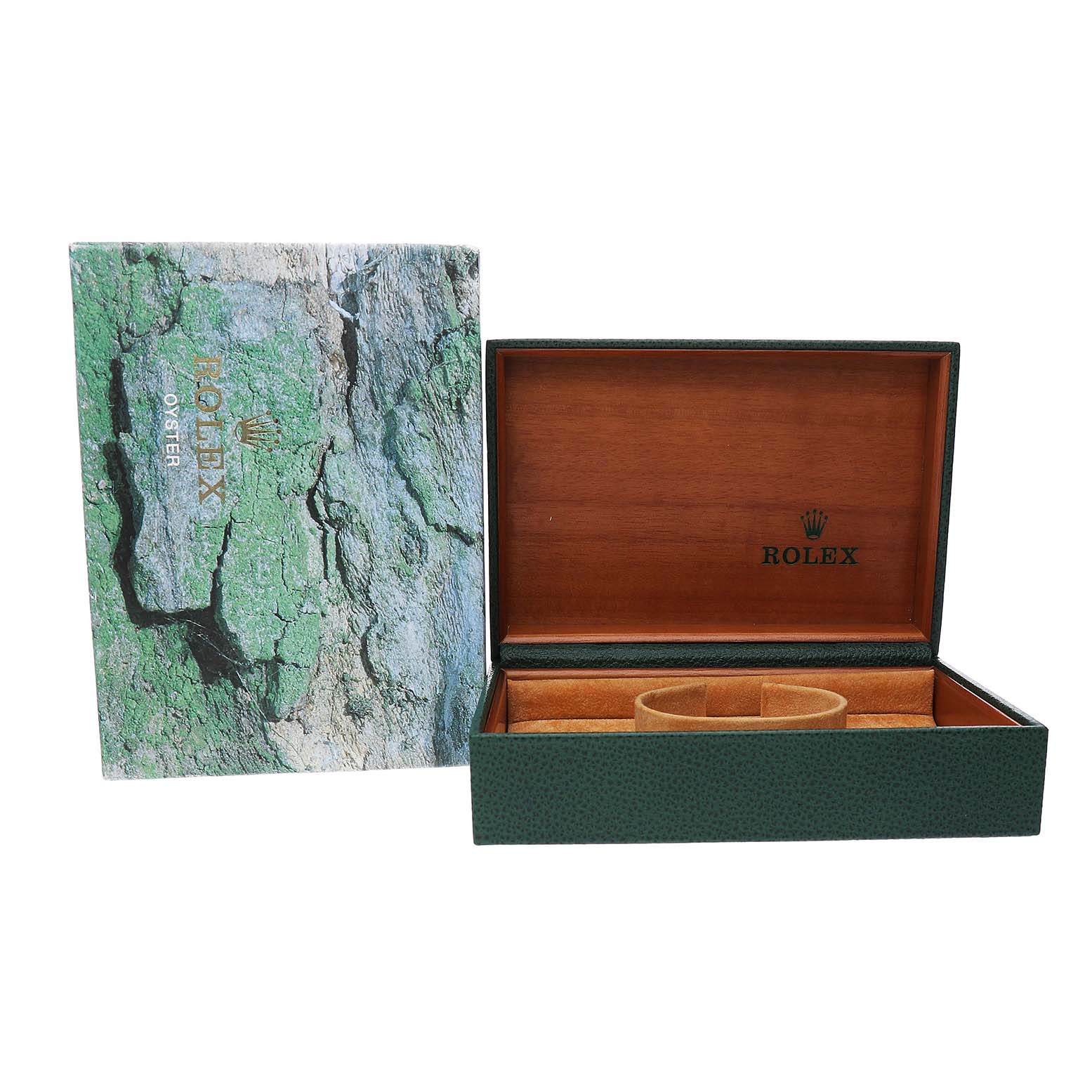 The image shows the open box for a Rolex Date 15210 Men's Stainless Steel White Dial model, featuring the signature green exterior and wooden interior.