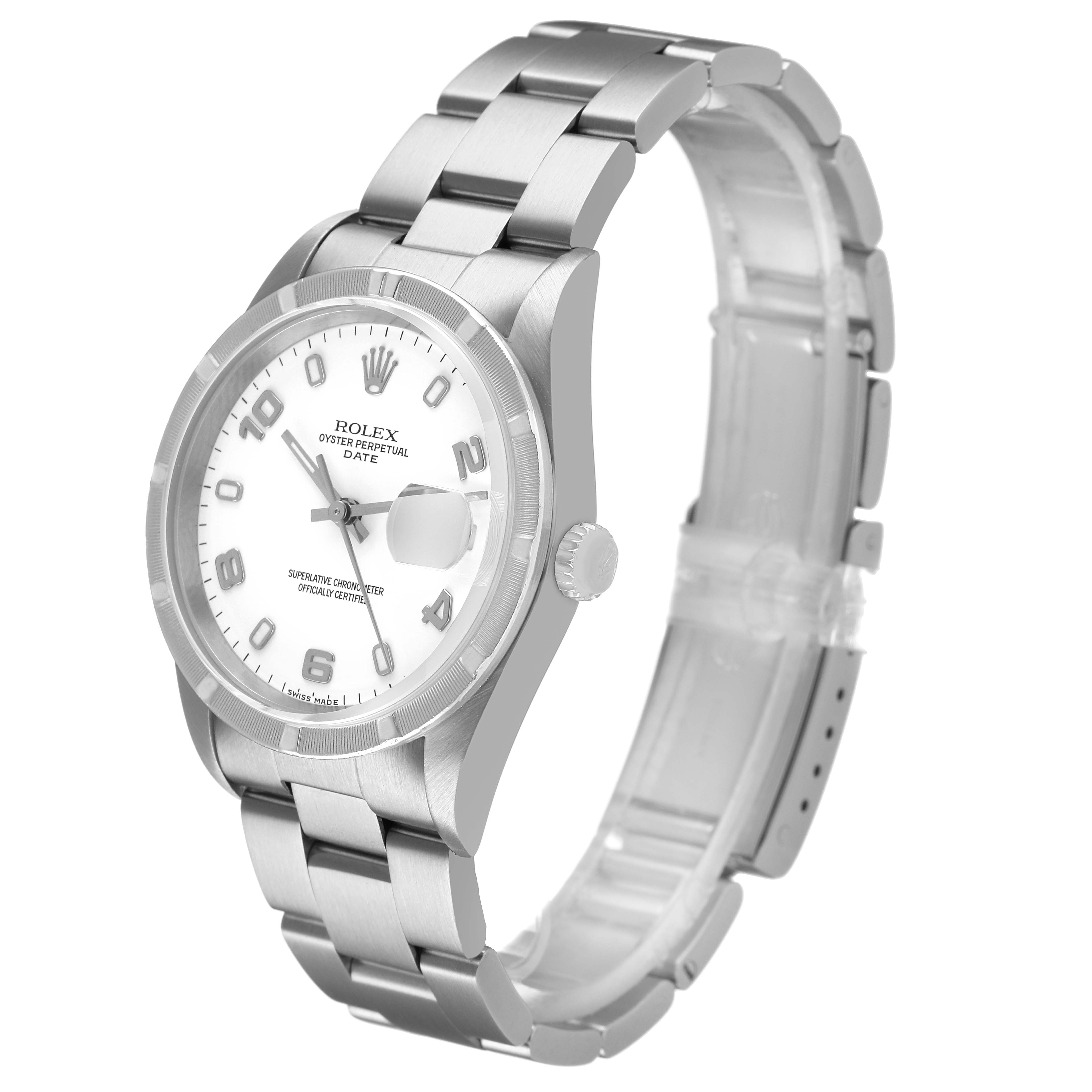 The Rolex Date 15210 Men's Stainless Steel White Dial model watch is shown at a three-quarter angle, highlighting the bracelet, dial, bezel, and crown.