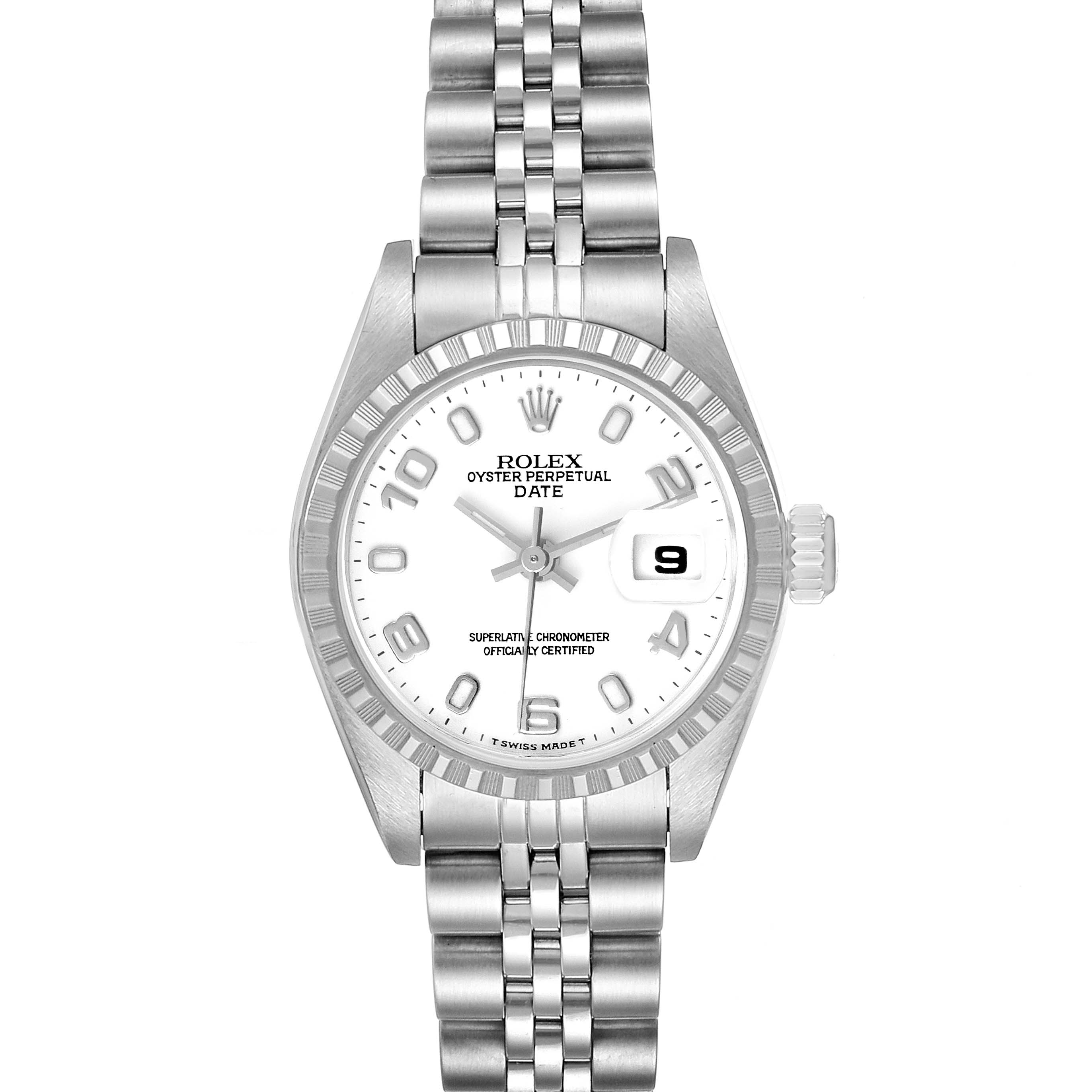 The image shows a Rolex Oyster Perpetual Date watch from the front, including the face, bezel, and part of the bracelet.