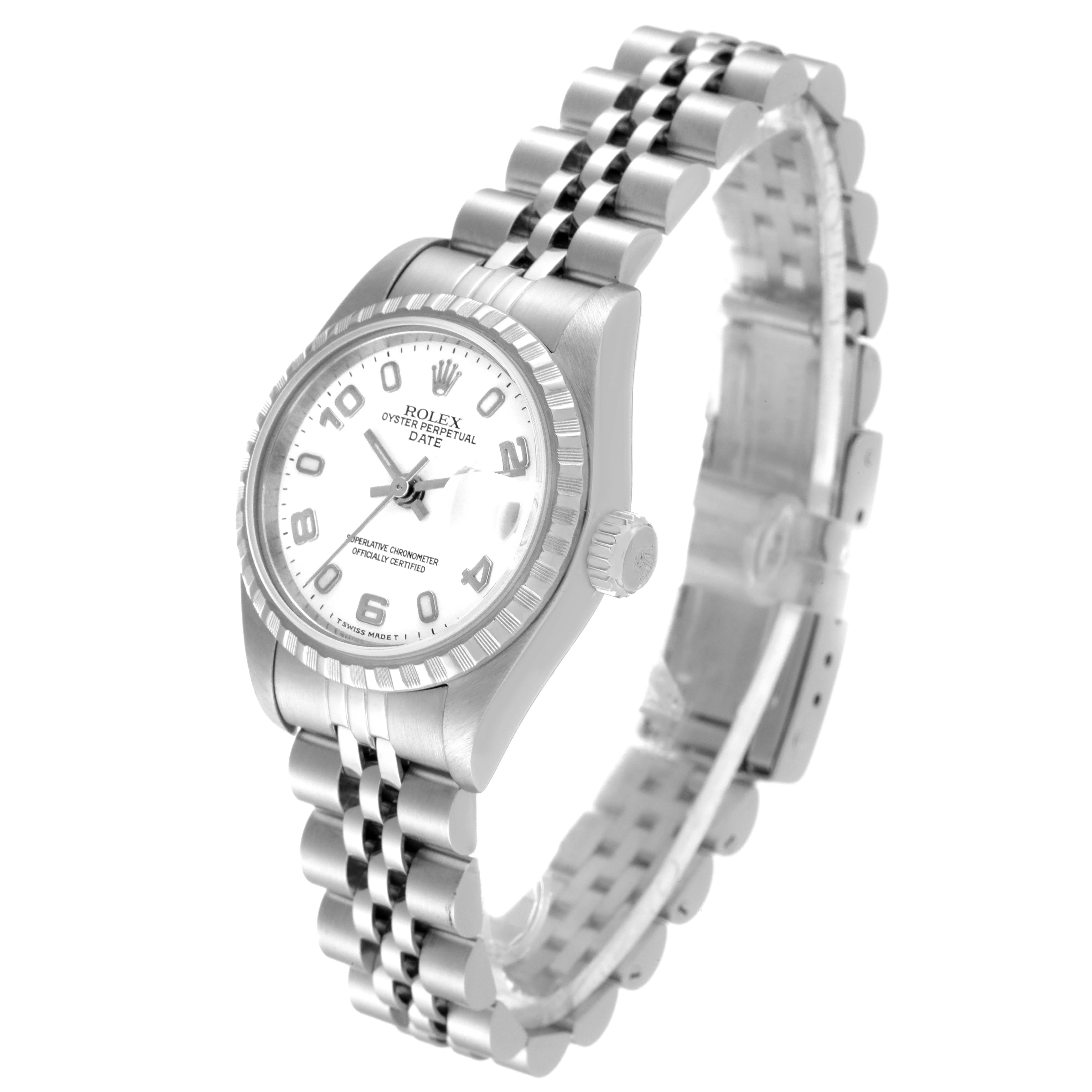 The image shows a Rolex Date 79240 Women's Stainless Steel White Dial 79240 Women's Stainless Steel White Dial model watch at an angled view, displaying the face, crown, and metal bracelet.