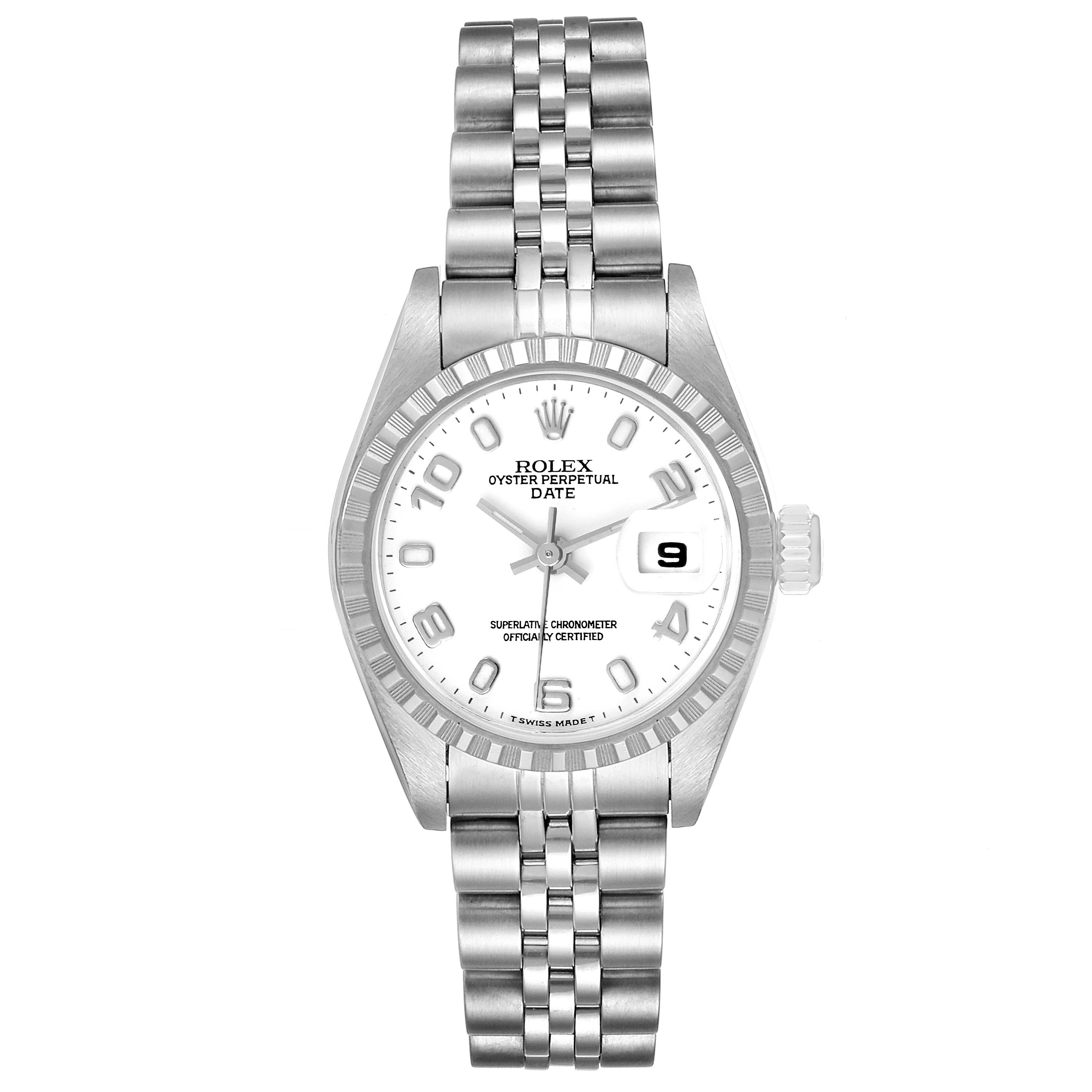 The image shows a front view of the Rolex Date 79240 Women's Stainless Steel White Dial 79240 Women's Stainless Steel White Dial model, displaying the dial, hands, date window, and metal bracelet.