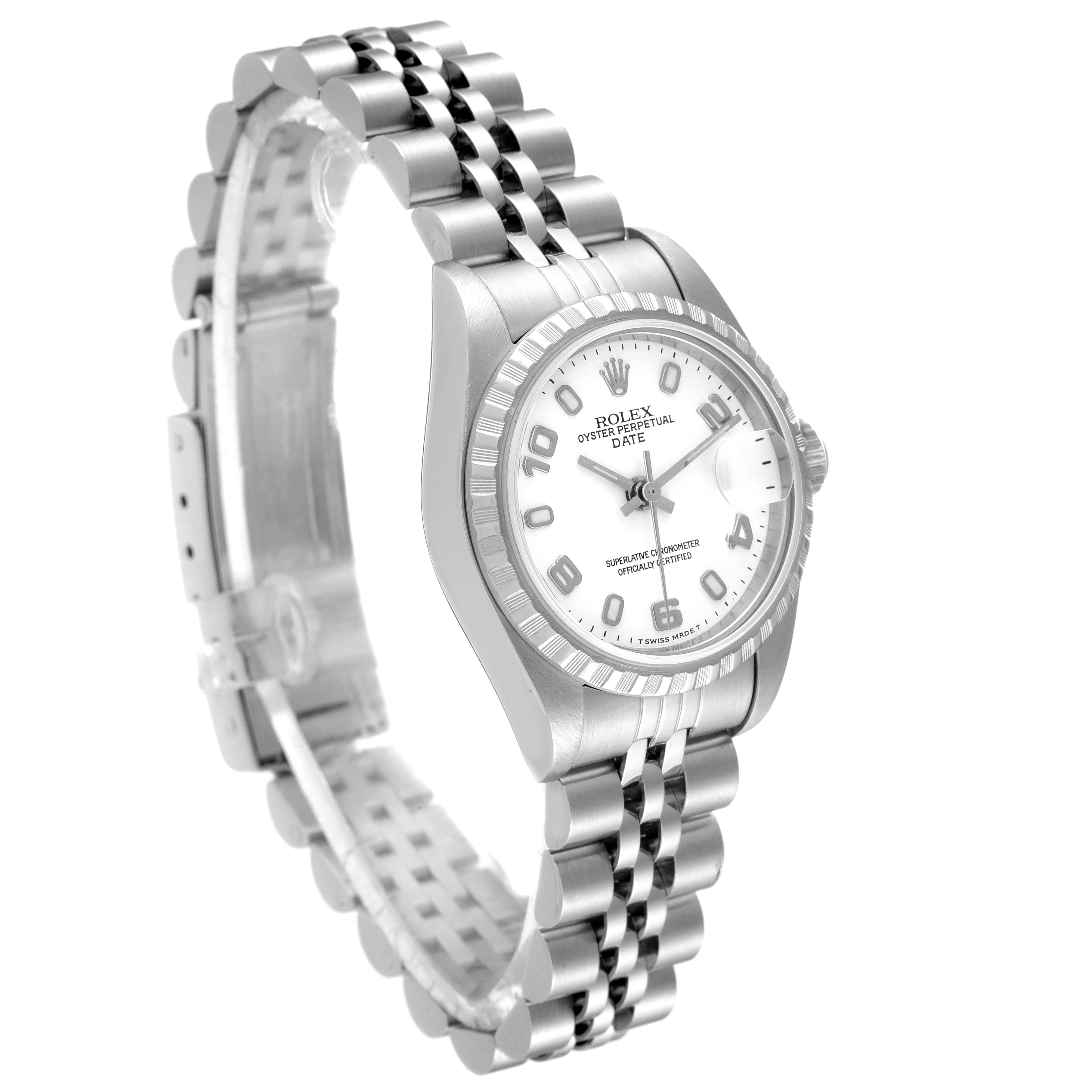 The image shows a side angle of a Rolex Date 79240 Women's Stainless Steel White Dial 79240 Women's Stainless Steel White Dial watch, highlighting the face, bezel, and stainless steel bracelet.