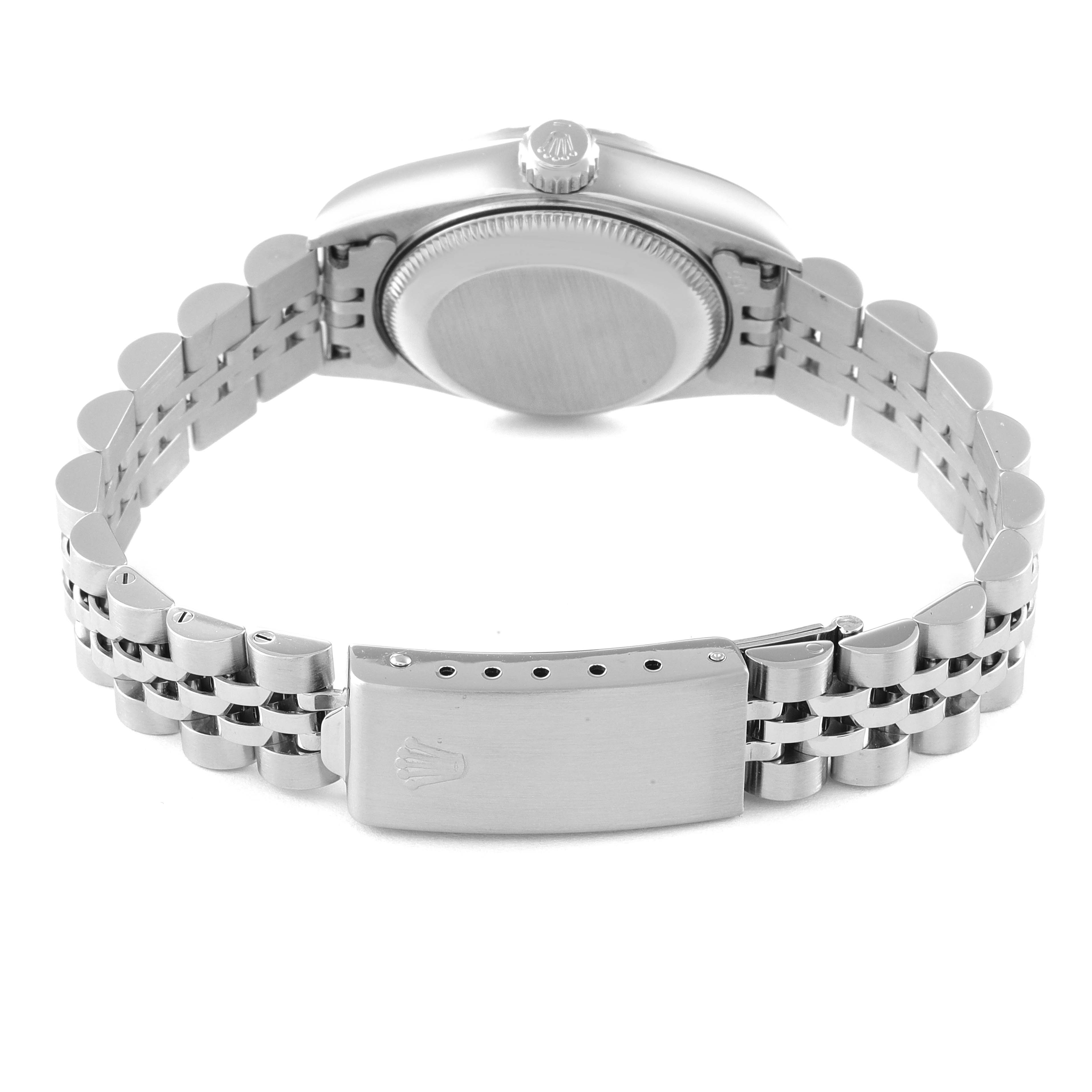 This image shows the back case and bracelet of a Rolex Date 79240 Women's Stainless Steel White Dial 79240 Women's Stainless Steel White Dial model watch from a rear angle.