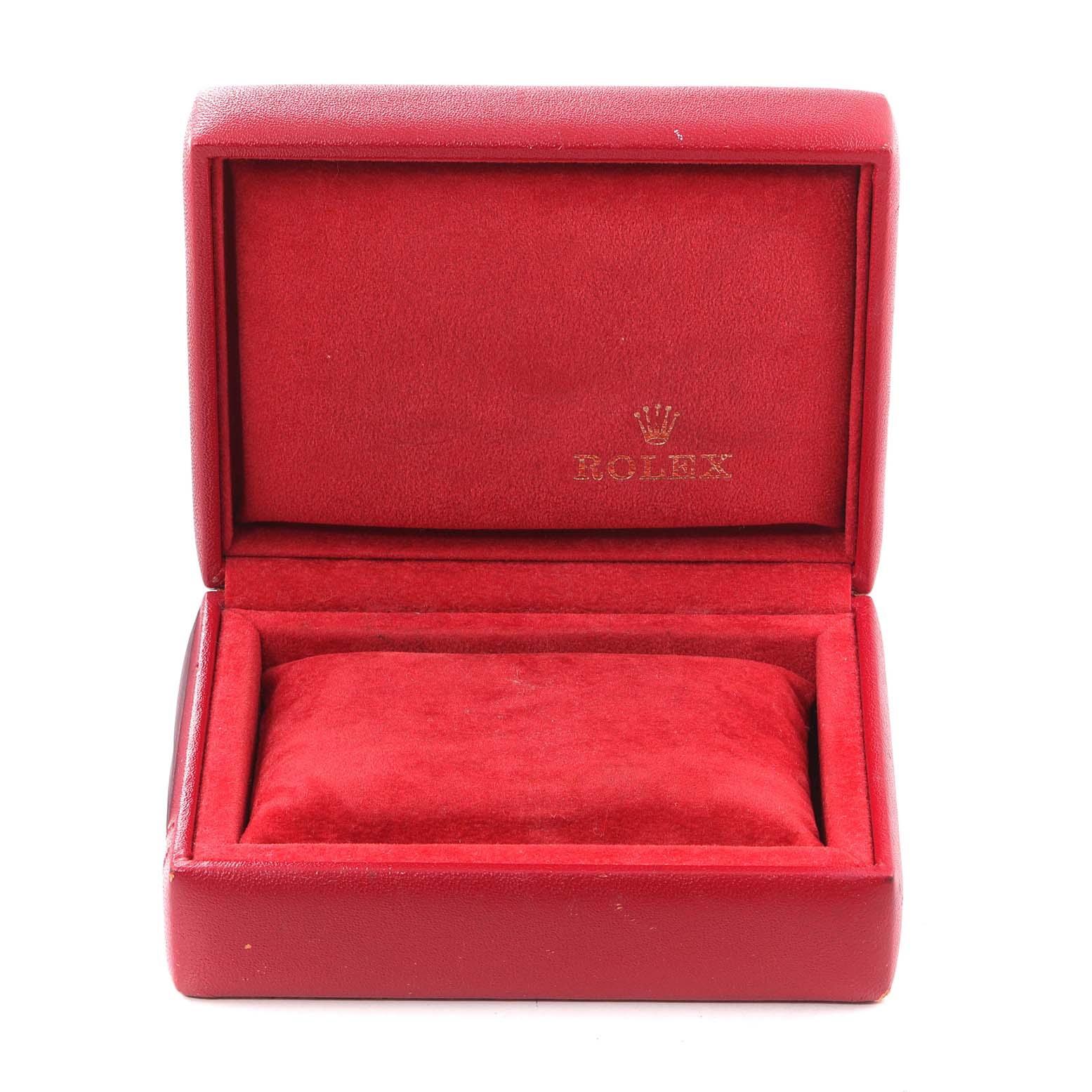This is an open red Rolex watch box for the Date model, showing the cushion where the watch would rest.