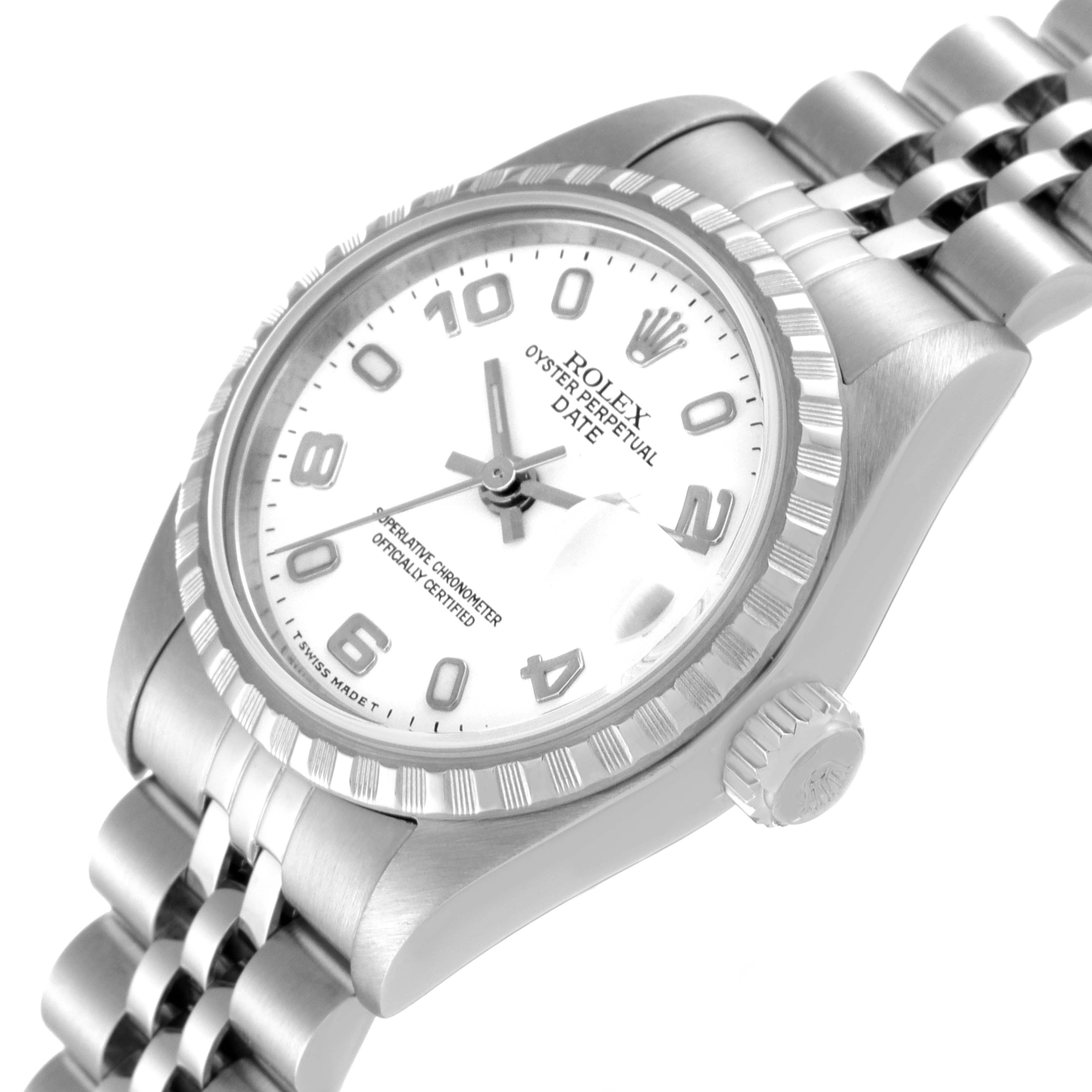 The image shows a close-up of a Rolex Oyster Perpetual Date watch, highlighting the face, bezel, crown, and bracelet.