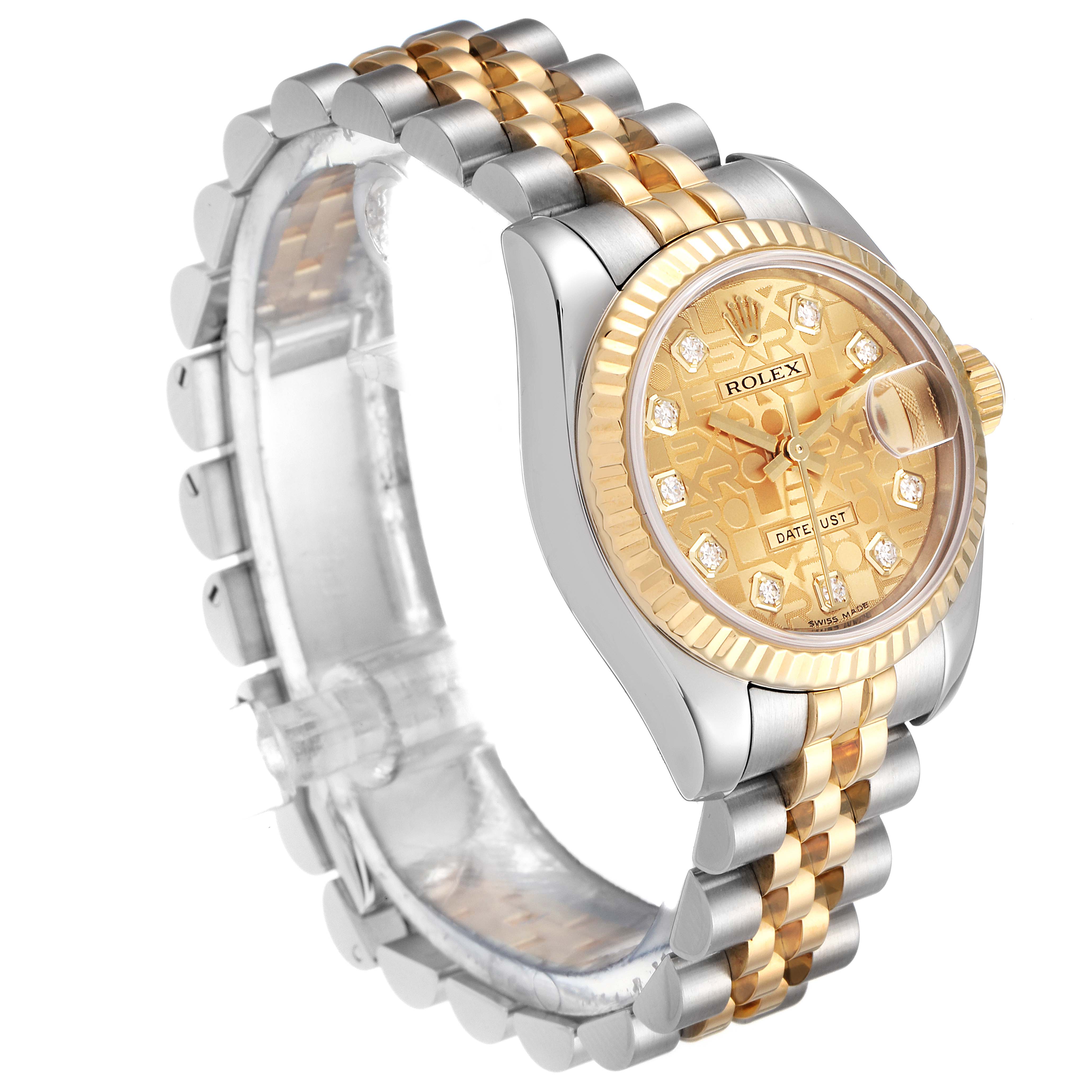 The image shows a side angle of a Rolex Datejust 179173 Women's Steel and Gold (two tone) Champagne Dial 179173 Women's Steel and Gold (two tone) Champagne Dial watch, highlighting its dial, bezel, and two-tone bracelet.