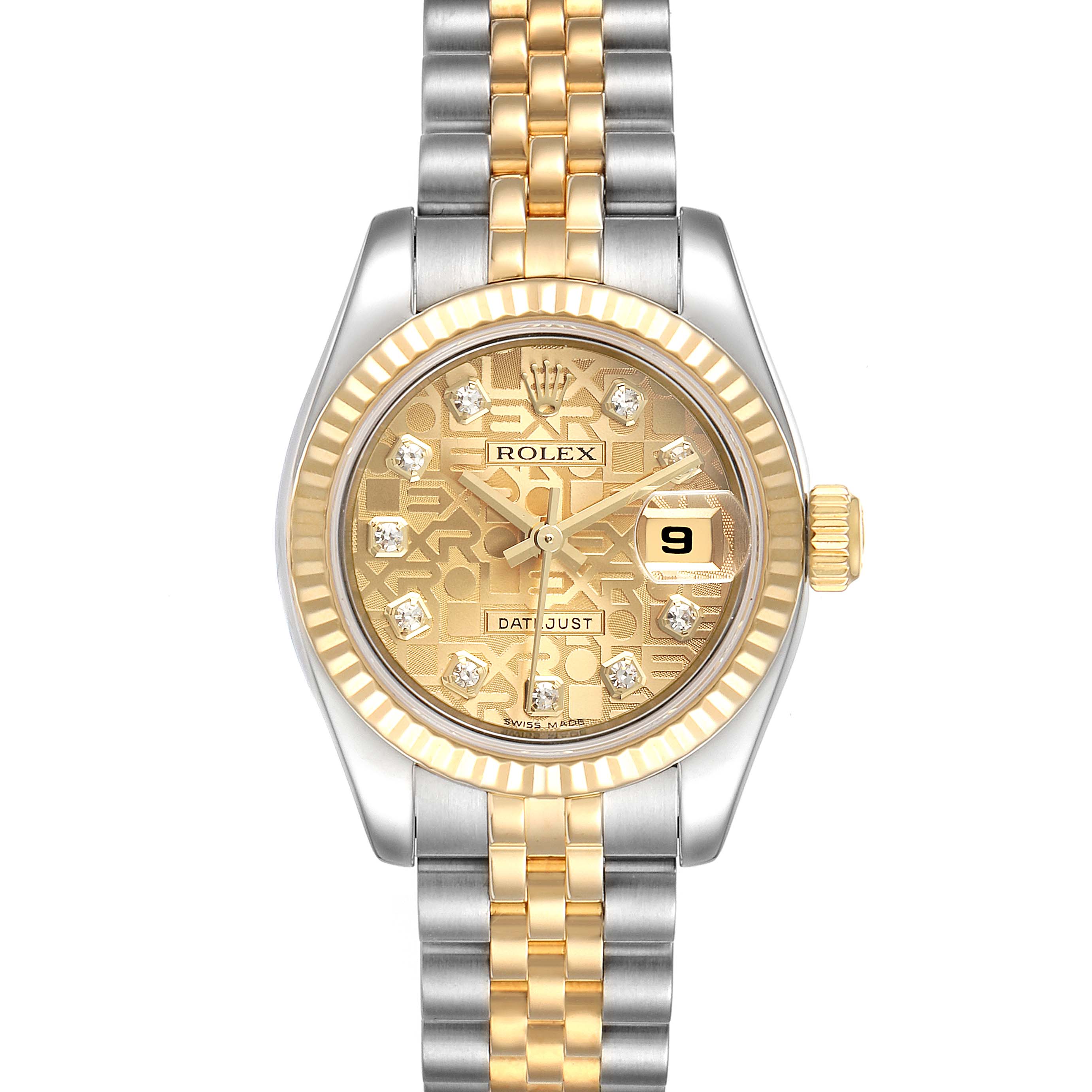This image shows a front view of the Rolex Datejust 179173 Women's Steel and Gold (two tone) Champagne Dial 179173 Women's Steel and Gold (two tone) Champagne Dial watch, highlighting its gold dial, diamond hour markers, and two-tone bracelet.