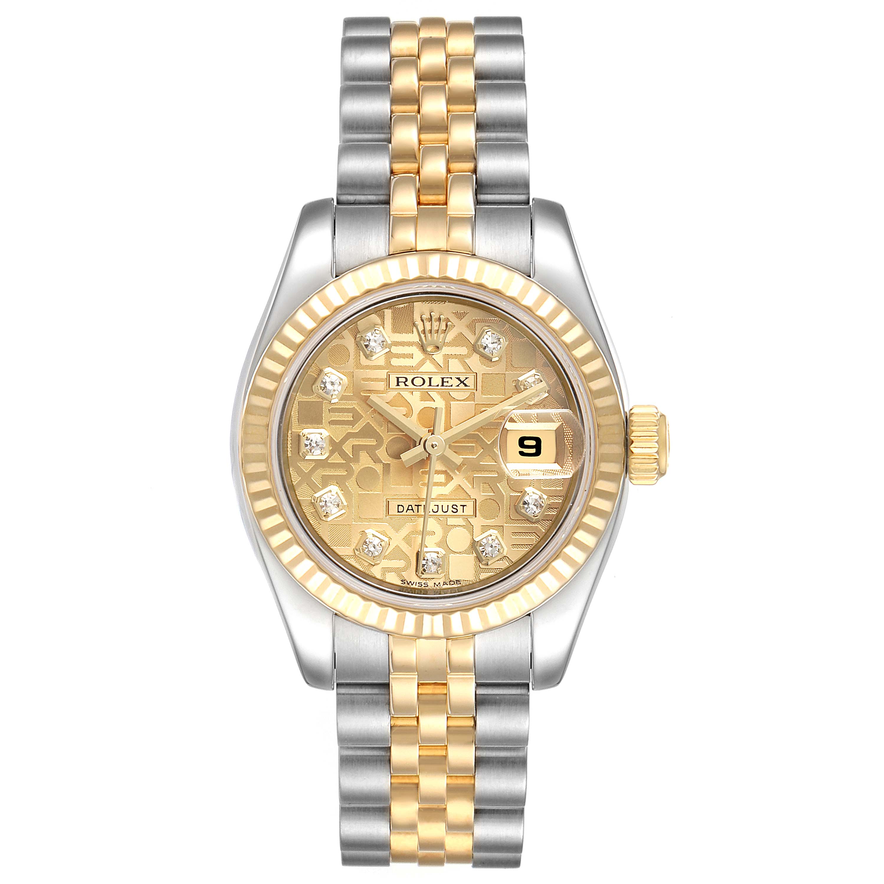 The image shows a front view of a Rolex Datejust 179173 Women's Steel and Gold (two tone) Champagne Dial 179173 Women's Steel and Gold (two tone) Champagne Dial watch featuring a gold dial, gold and silver bracelet, and a date display.