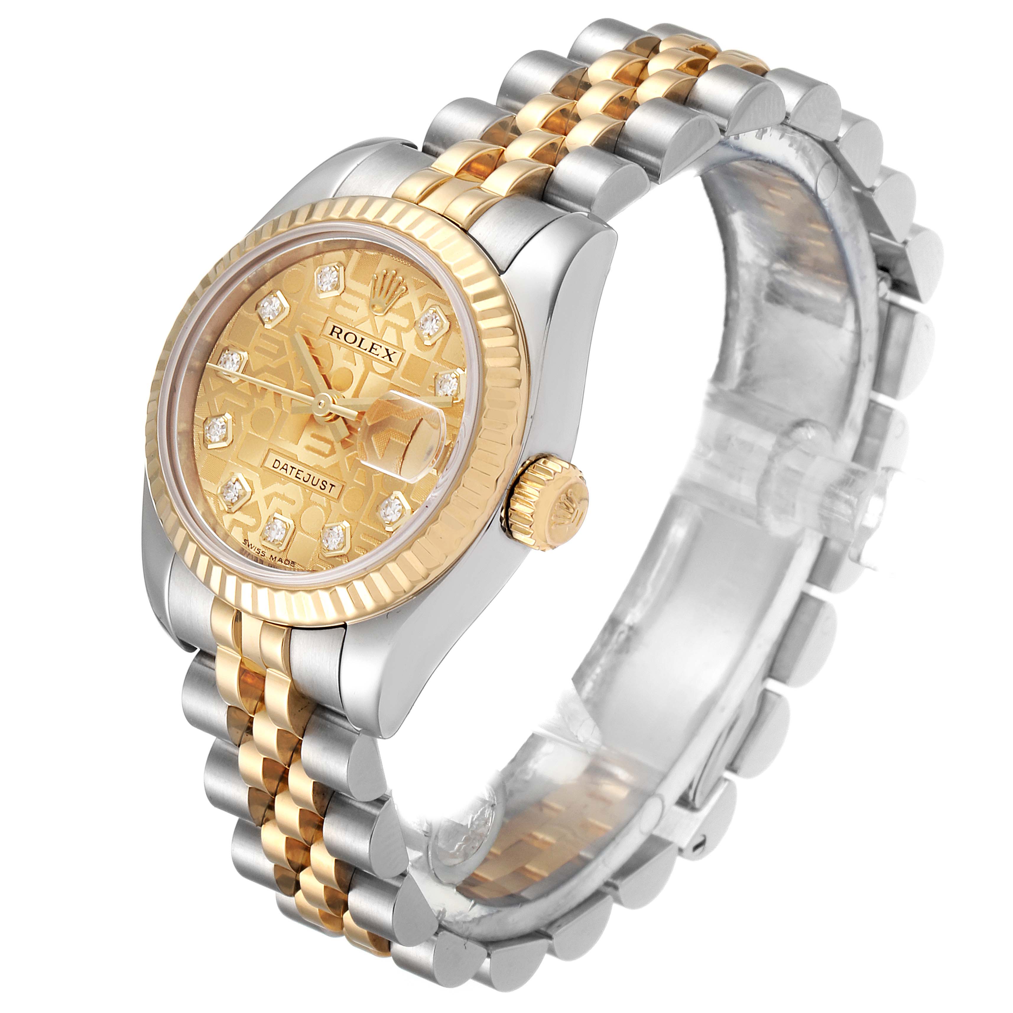 The Rolex Datejust 179173 Women's Steel and Gold (two tone) Champagne Dial 179173 Women's Steel and Gold (two tone) Champagne Dial watch is shown at a slight side angle, highlighting its gold and silver bracelet, crown, and detailed dial.