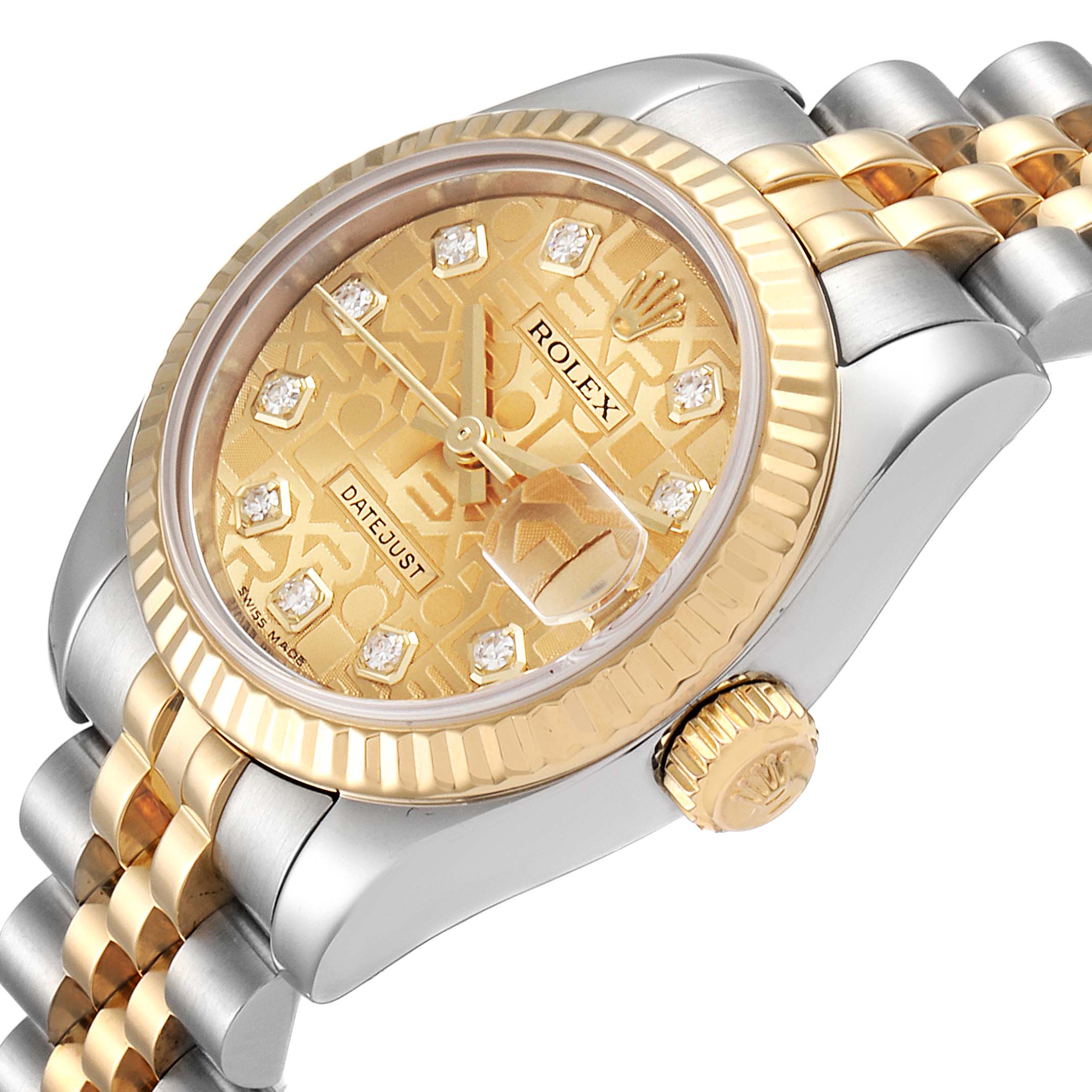 This image shows the face, bezel, crown, and part of the bracelet of a Rolex Datejust 179173 Women's Steel and Gold (two tone) Champagne Dial 179173 Women's Steel and Gold (two tone) Champagne Dial watch at an angled view.