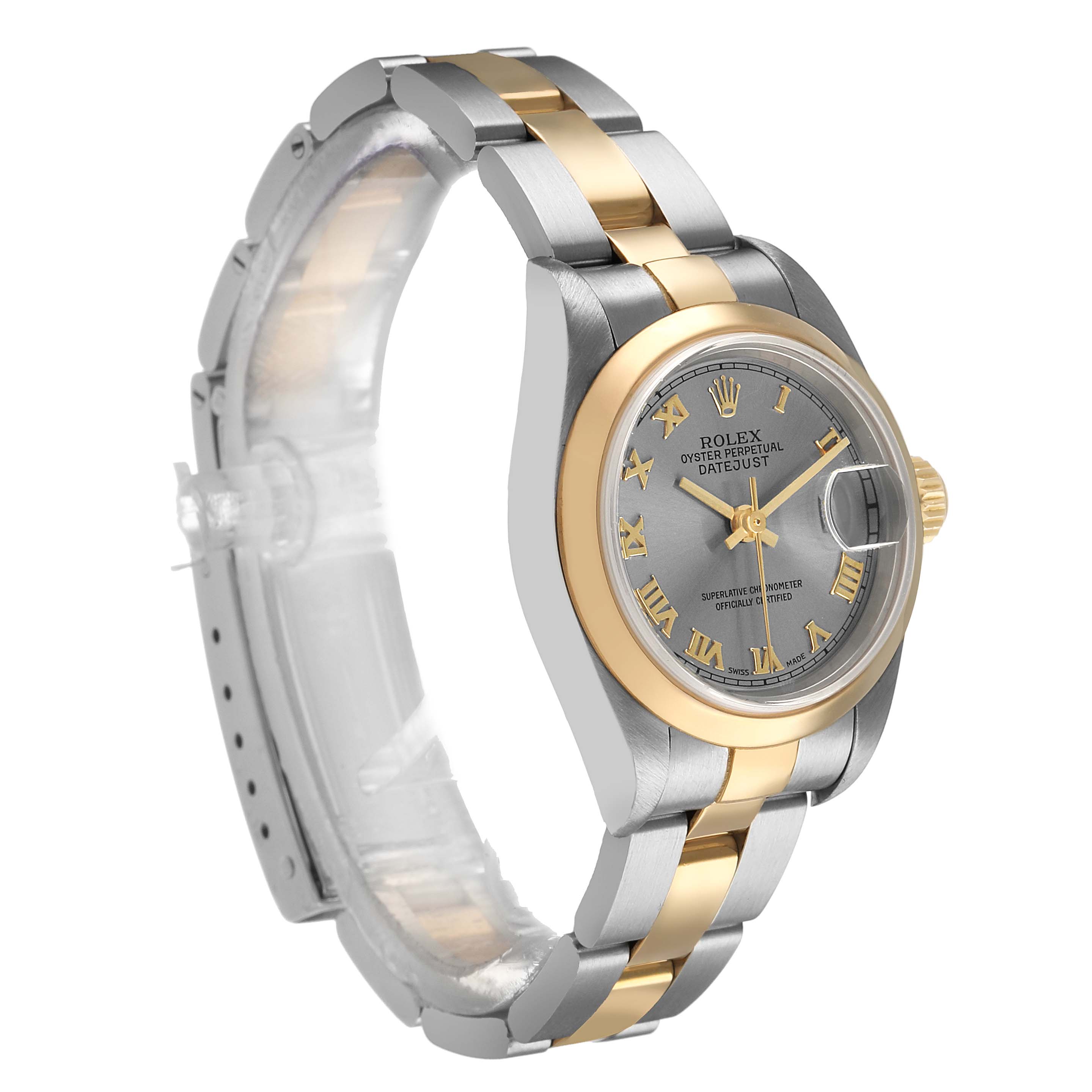The Rolex Datejust 79163 Women's Steel and Gold (two tone) Grey Dial watch is shown at a three-quarter angle, highlighting the face, bezel, and bracelet.