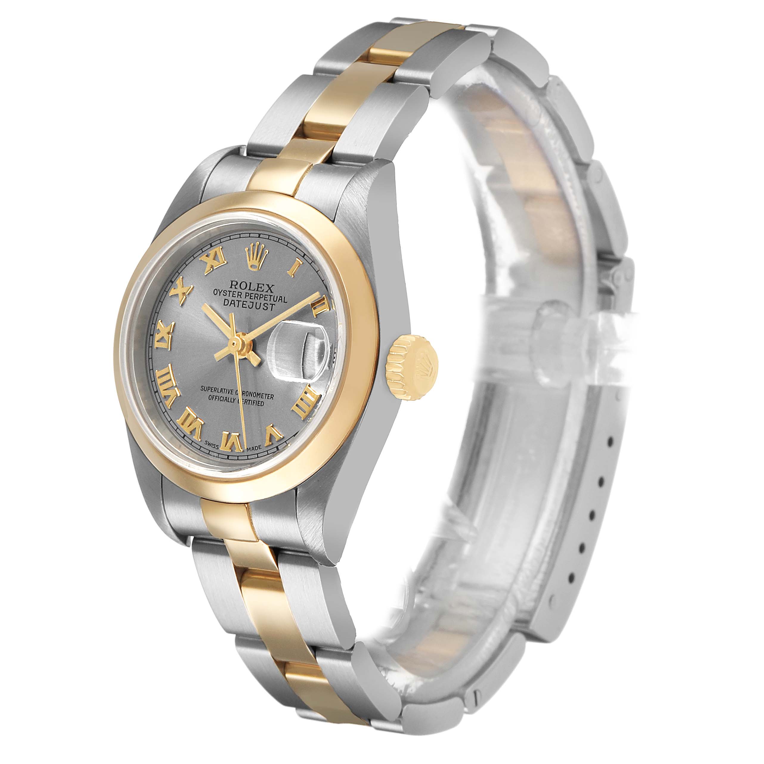 The Rolex Datejust 79163 Women's Steel and Gold (two tone) Grey Dial watch is shown at a three-quarter angle, highlighting its dial, two-tone bracelet, and the crown.