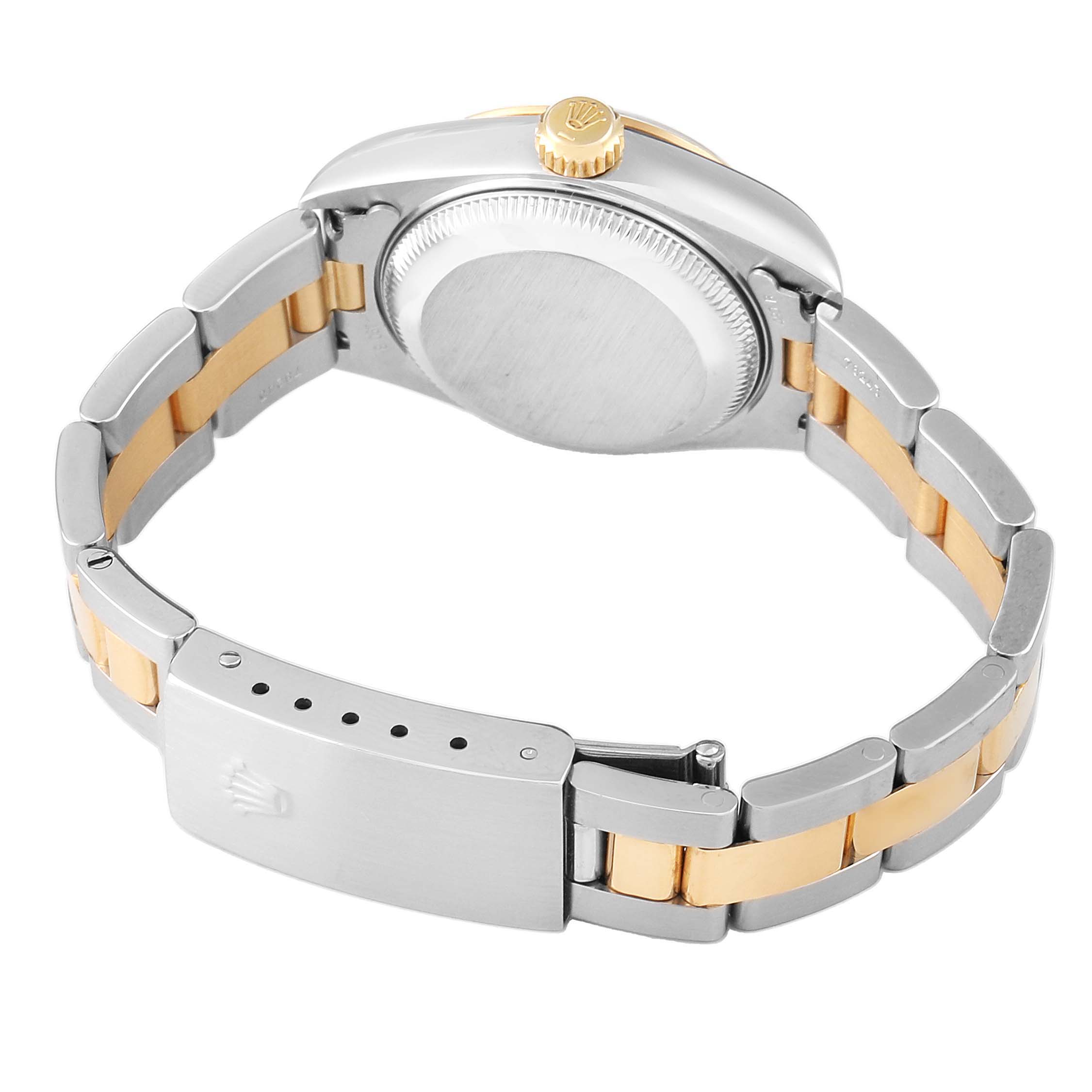 The image shows the back view of a Rolex Datejust 79163 Women's Steel and Gold (two tone) Grey Dial, highlighting the case back, bracelet, and clasp.
