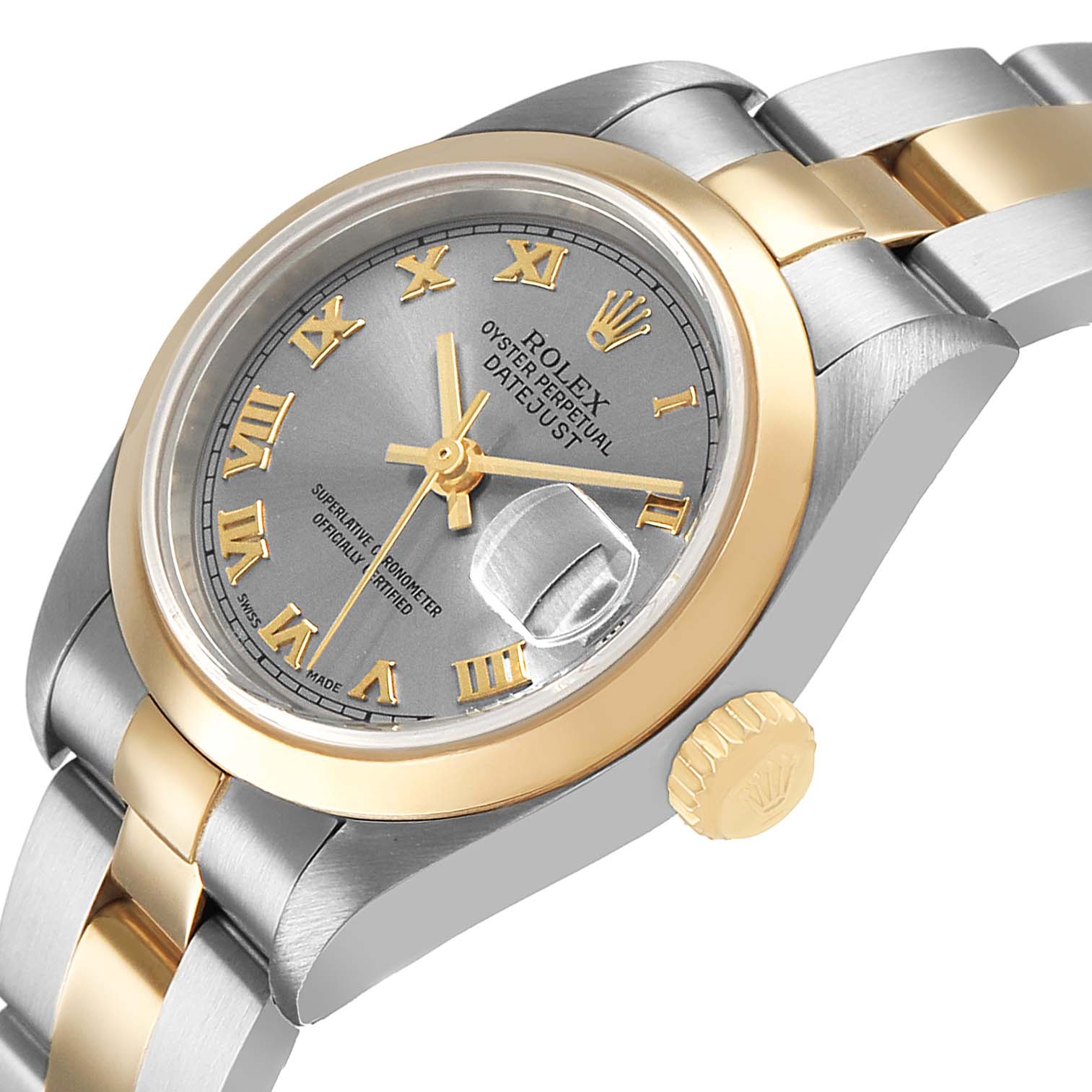 The Rolex Datejust 79163 Women's Steel and Gold (two tone) Grey Dial watch is shown from an angled side view, displaying the dial, bezel, crown, and part of the bracelet.