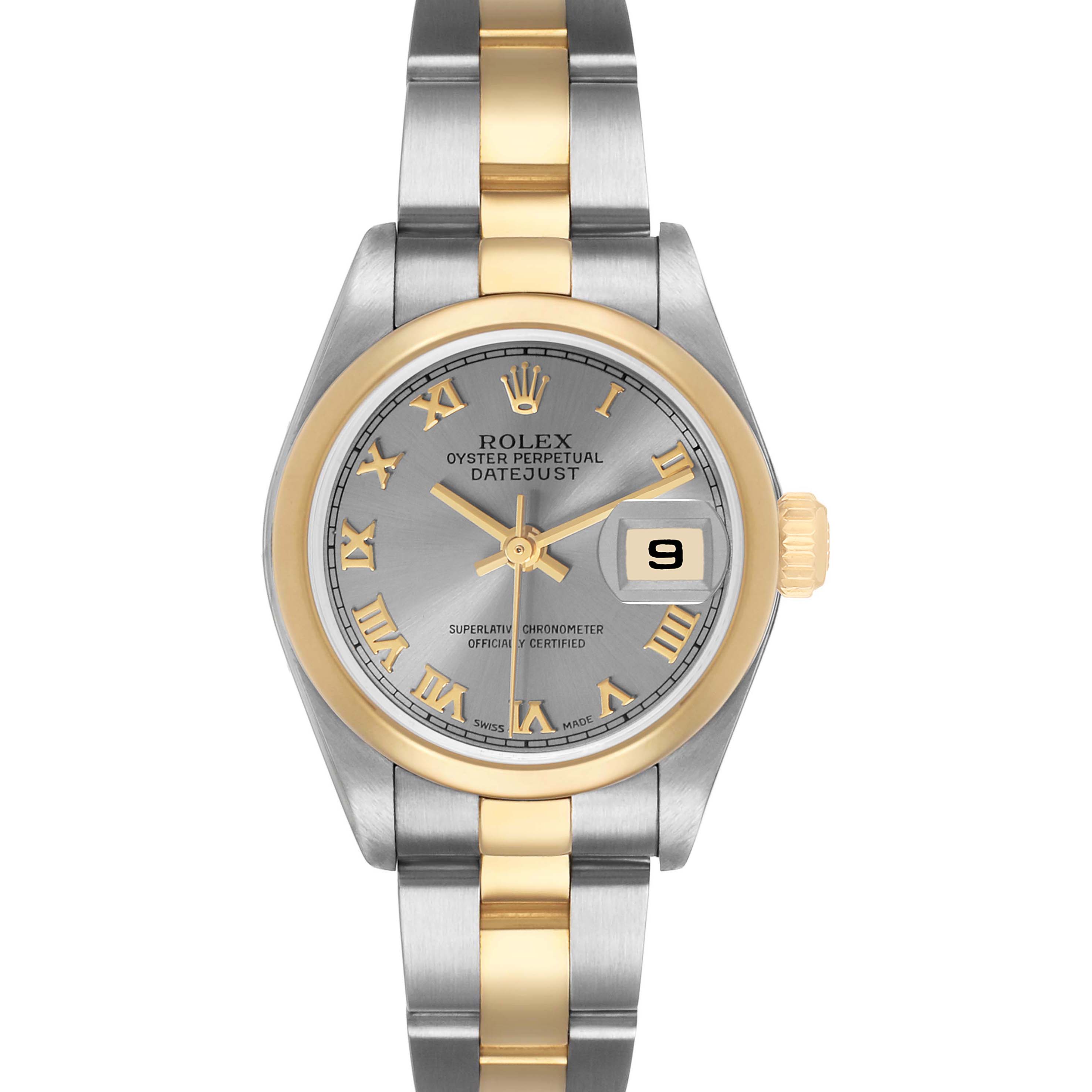 The Rolex Datejust 79163 Women's Steel and Gold (two tone) Grey Dial watch is shown from a top-down angle, displaying the face, bezel, and bracelet.