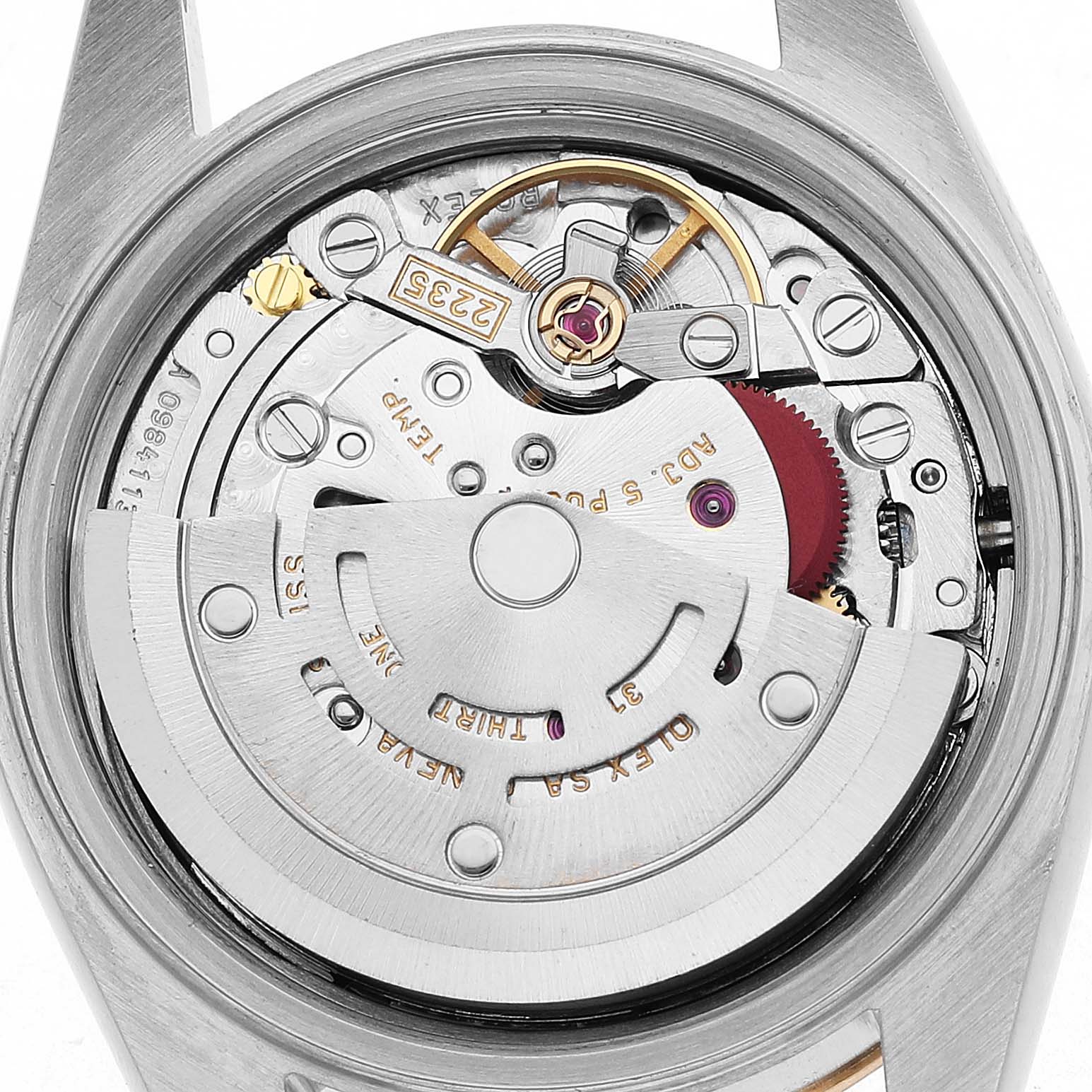 The image shows a close-up of the movement mechanism inside a Rolex Datejust 79163 Women's Steel and Gold (two tone) Grey Dial model watch.