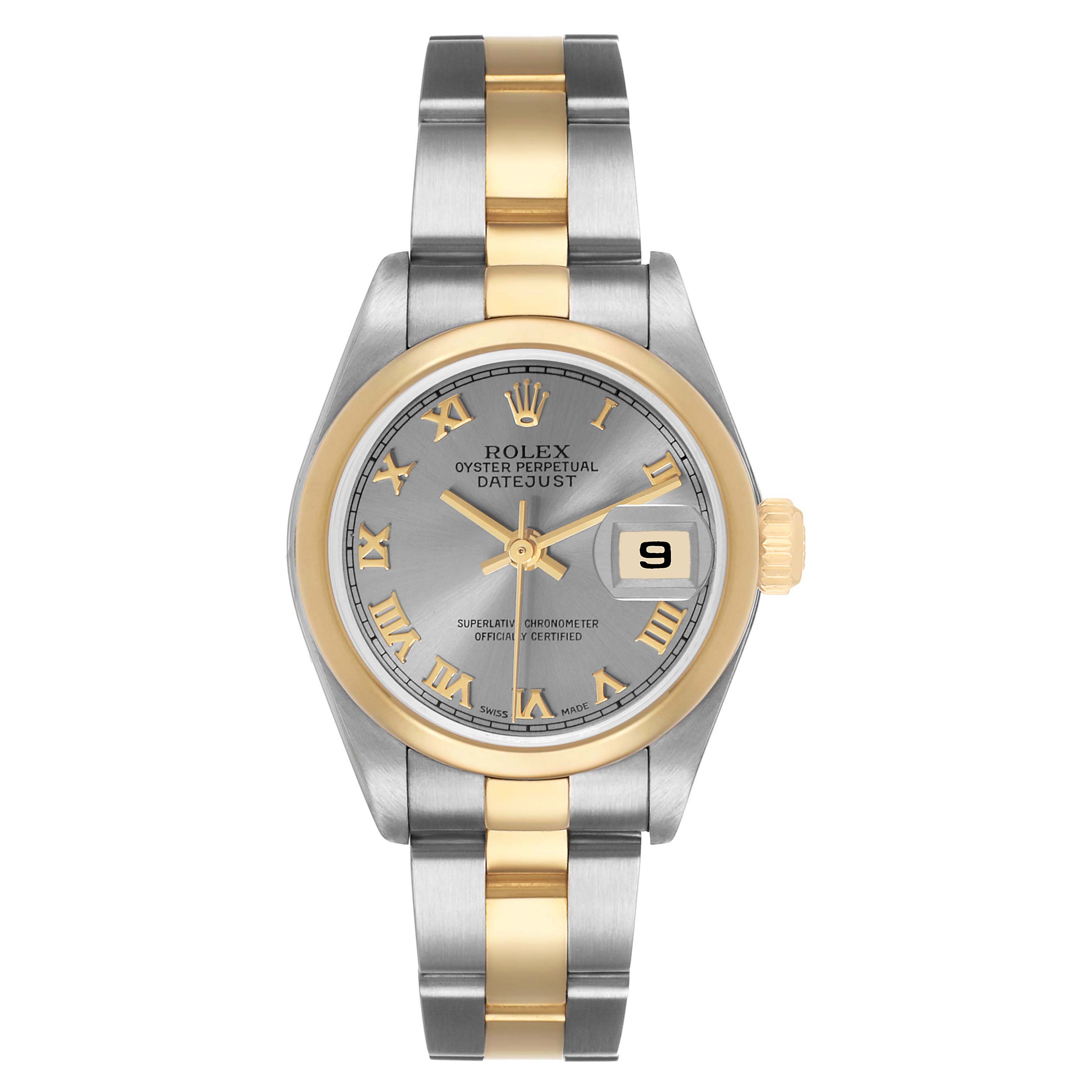 The Rolex Datejust 79163 Women's Steel and Gold (two tone) Grey Dial watch is shown from a top-down angle, displaying its dial, bezel, and bracelet.