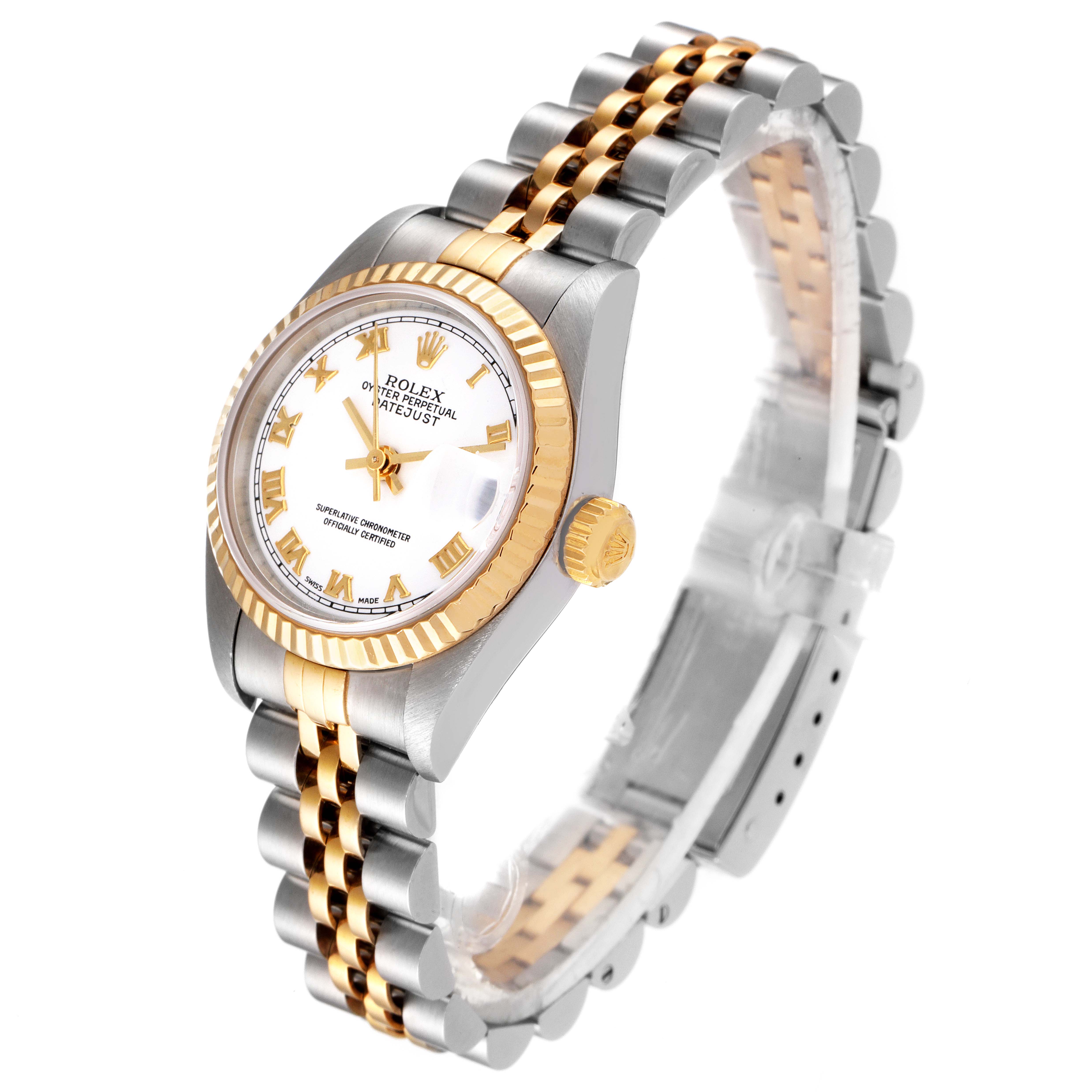 The Rolex Datejust 79173 Women's Steel and Gold (two tone) White Dial 79173 Women's Steel and Gold (two tone) White Dial watch is shown at a three-quarter angle, displaying the dial, bezel, crown, and jubilee bracelet.