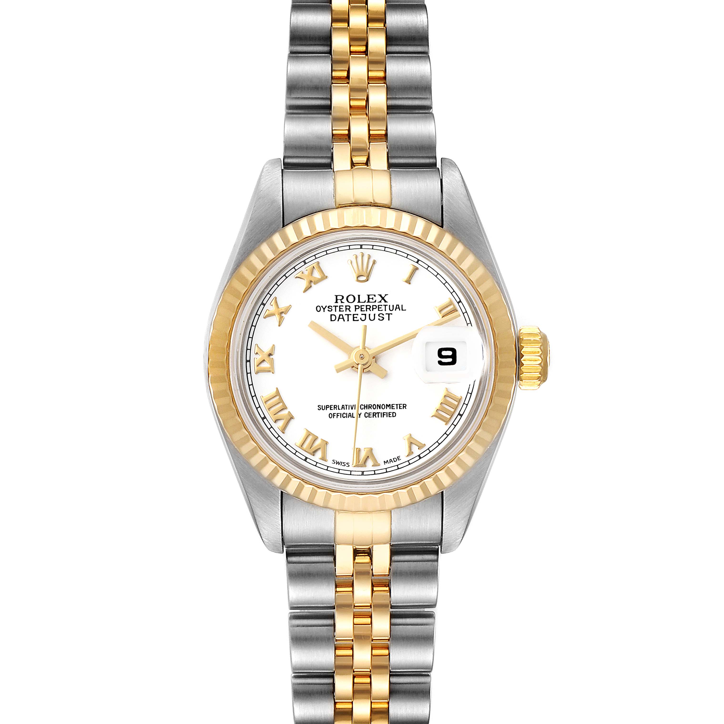 This is a front view of a Rolex Datejust 79173 Women's Steel and Gold (two tone) White Dial 79173 Women's Steel and Gold (two tone) White Dial watch, showing the face, bezel, and two-tone bracelet.