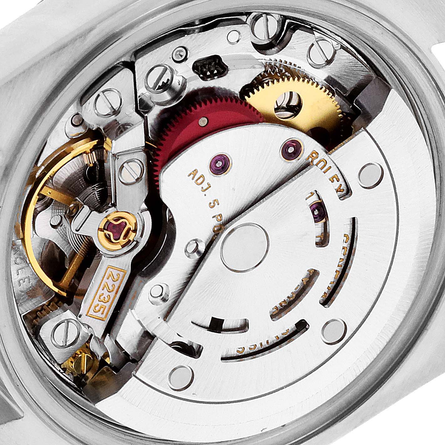 This is a close-up view of the internal mechanical movement of a Rolex Datejust 79173 Women's Steel and Gold (two tone) White Dial 79173 Women's Steel and Gold (two tone) White Dial watch, showing gears and components.