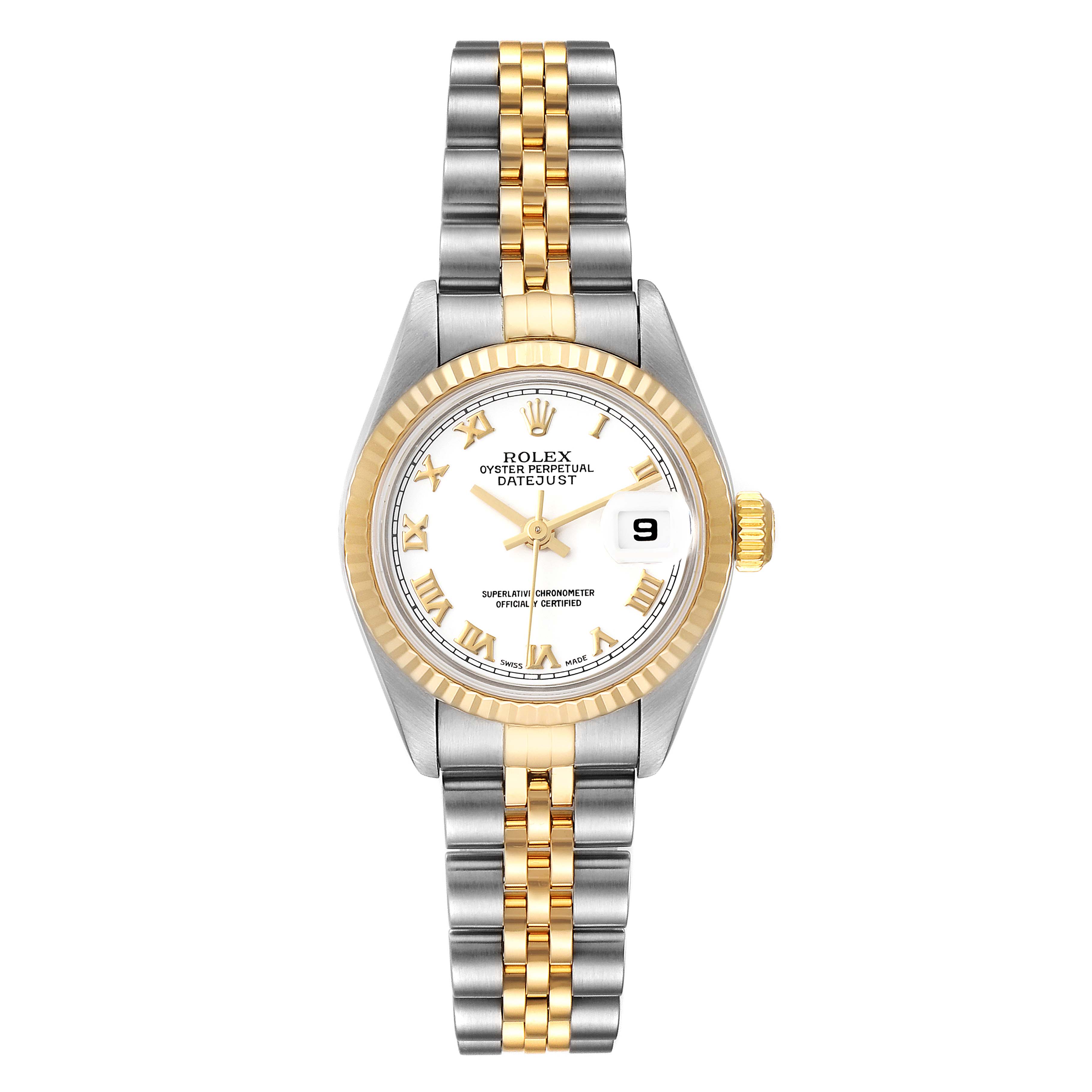This image shows a Rolex Datejust 79173 Women's Steel and Gold (two tone) White Dial 79173 Women's Steel and Gold (two tone) White Dial watch from a straight-on angle, displaying the dial, bezel, case, crown, and bracelet.