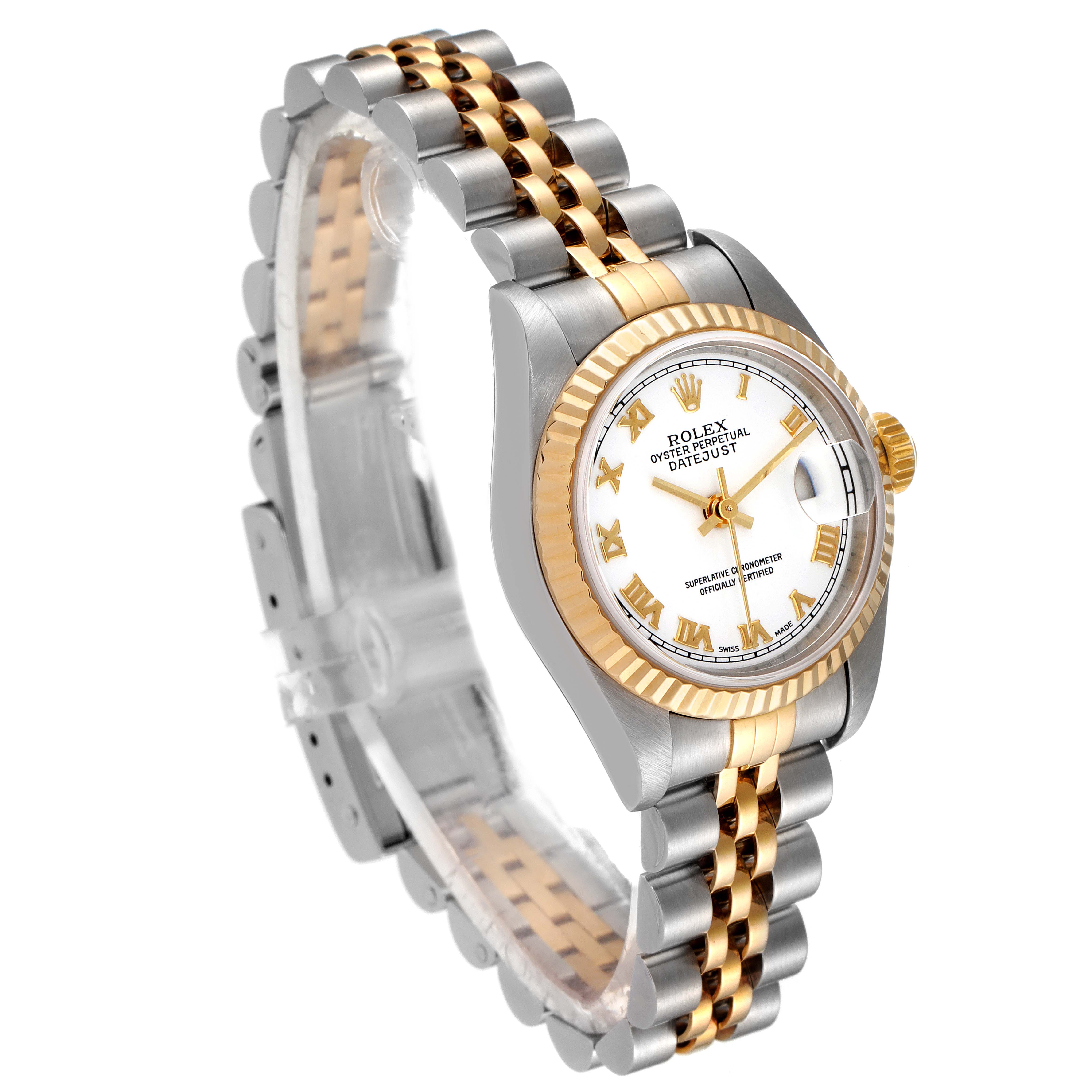 This Rolex Datejust 79173 Women's Steel and Gold (two tone) White Dial 79173 Women's Steel and Gold (two tone) White Dial watch is shown at a slight angle, highlighting its gold and silver bracelet, dial, and bezel.
